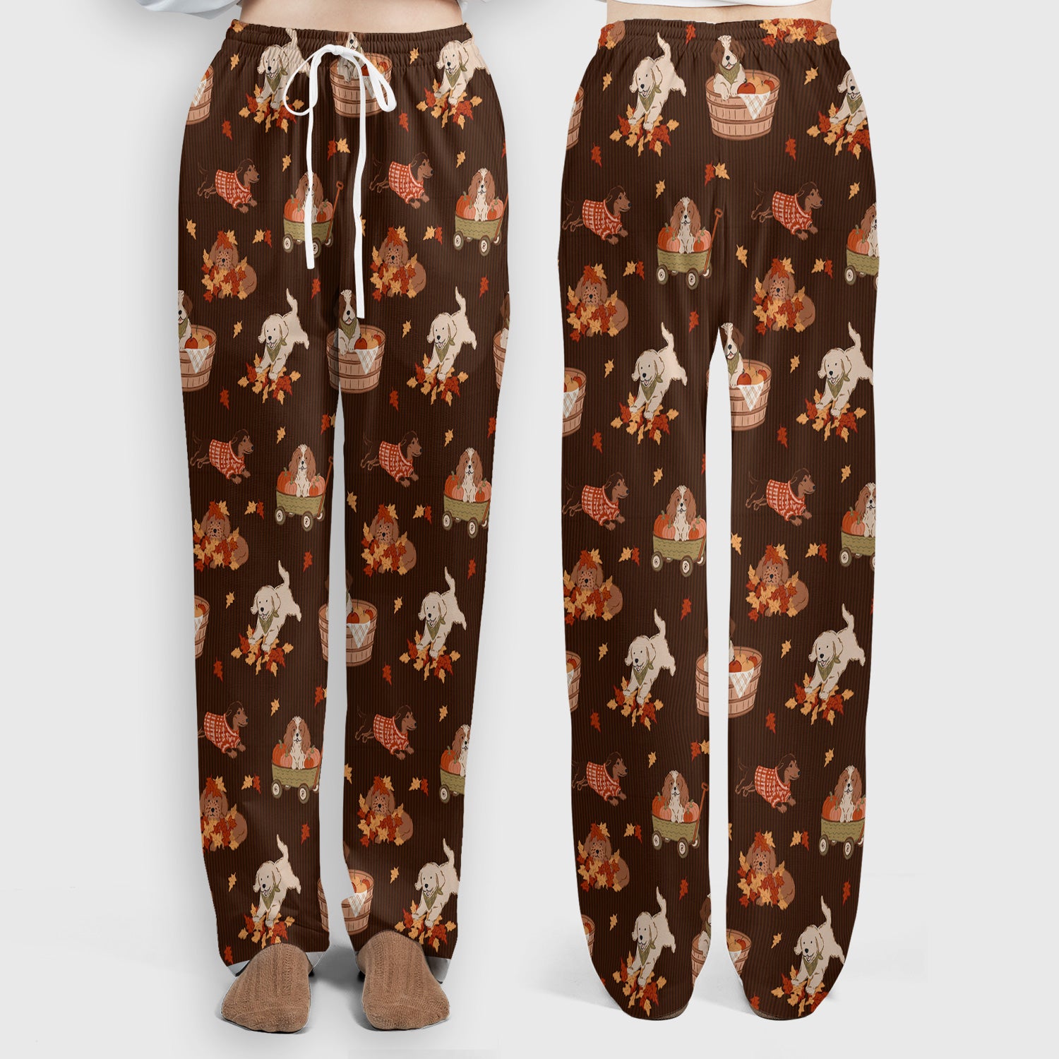Cute Autumn Dogs And Falling Leaves Scrub Set, Scrub Pants and V Neck Top