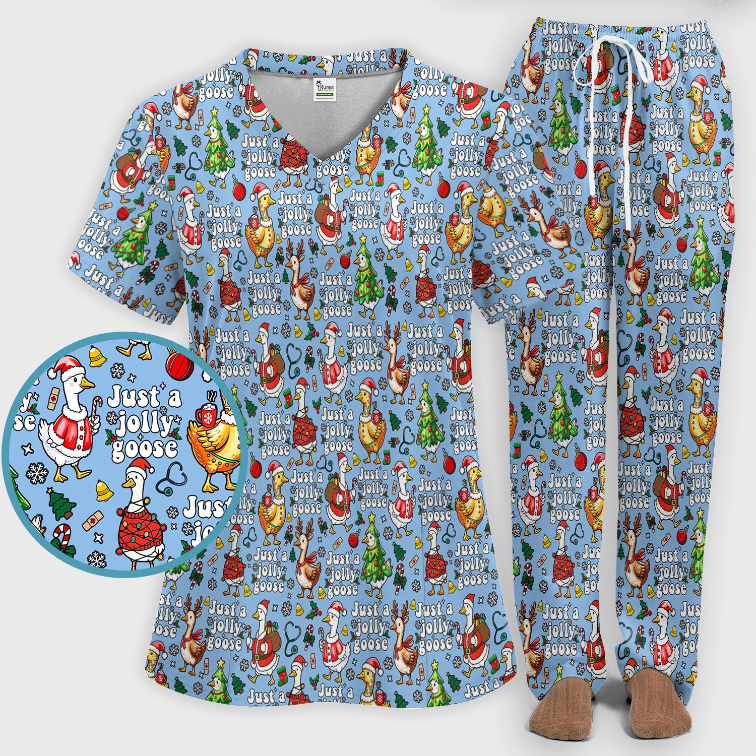 Christmas Goose Scrub Set for Nurse - Funny Jolly Holiday Medical Uniform for Women