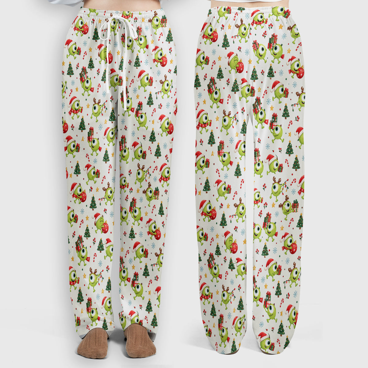 Christmas One Eyed Green Monsters Scrub Set, Scrub Pants and V Neck Top