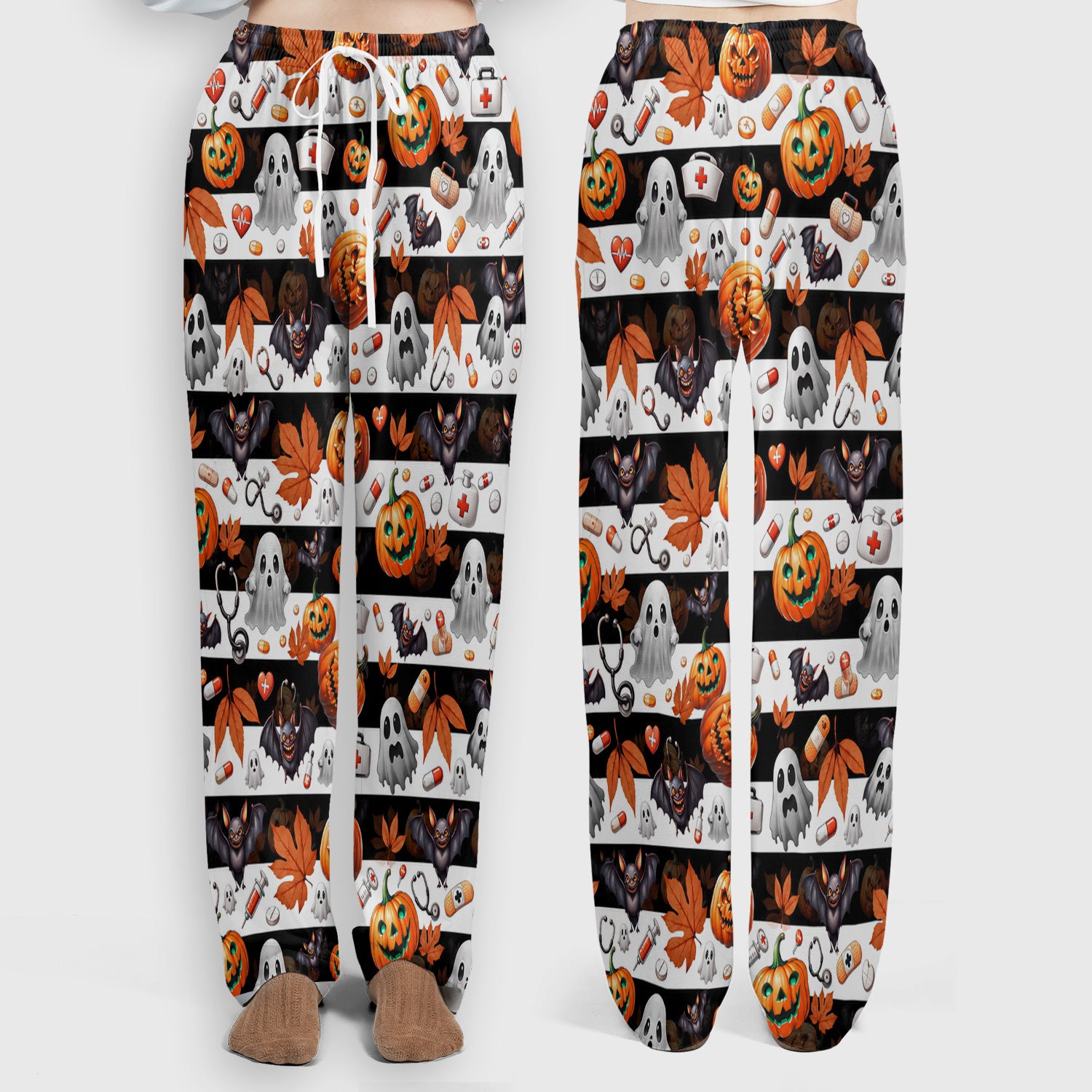 Halloween Ghost And Medical Icons Scrub Set, Scrub Pants and V Neck Top