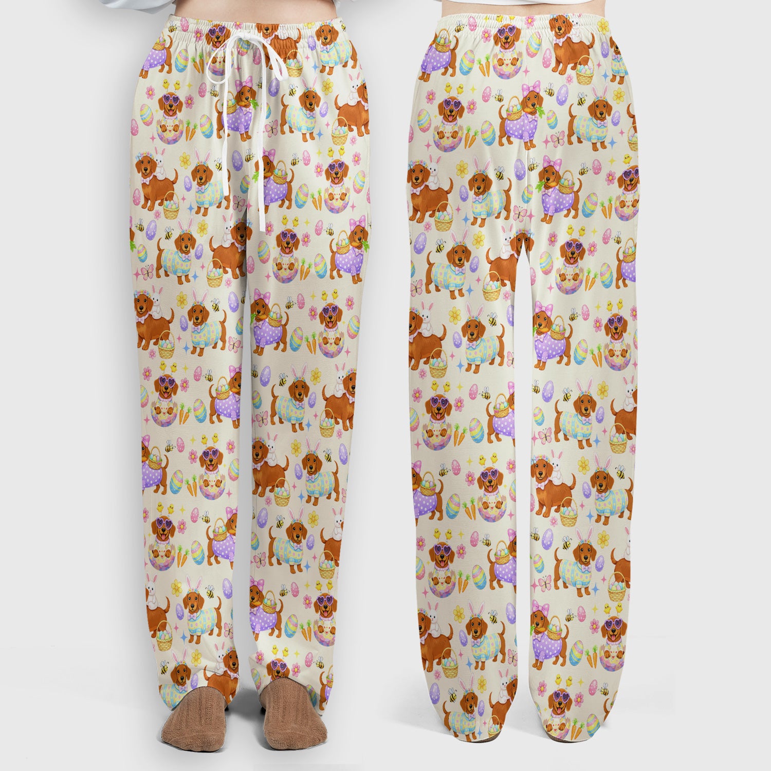 Cute Easter Dachshund Dog Pattern Scrub Set, Scrub Pants and V Neck Top