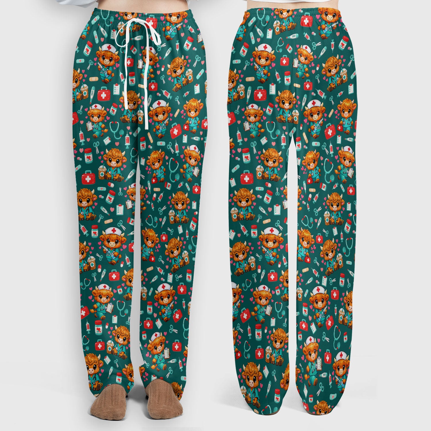 Cute Highland Cow Nurse Scrub Set, Kawaii Medical Pattern Shirt, Breathable Fabrics Nursing Uniform