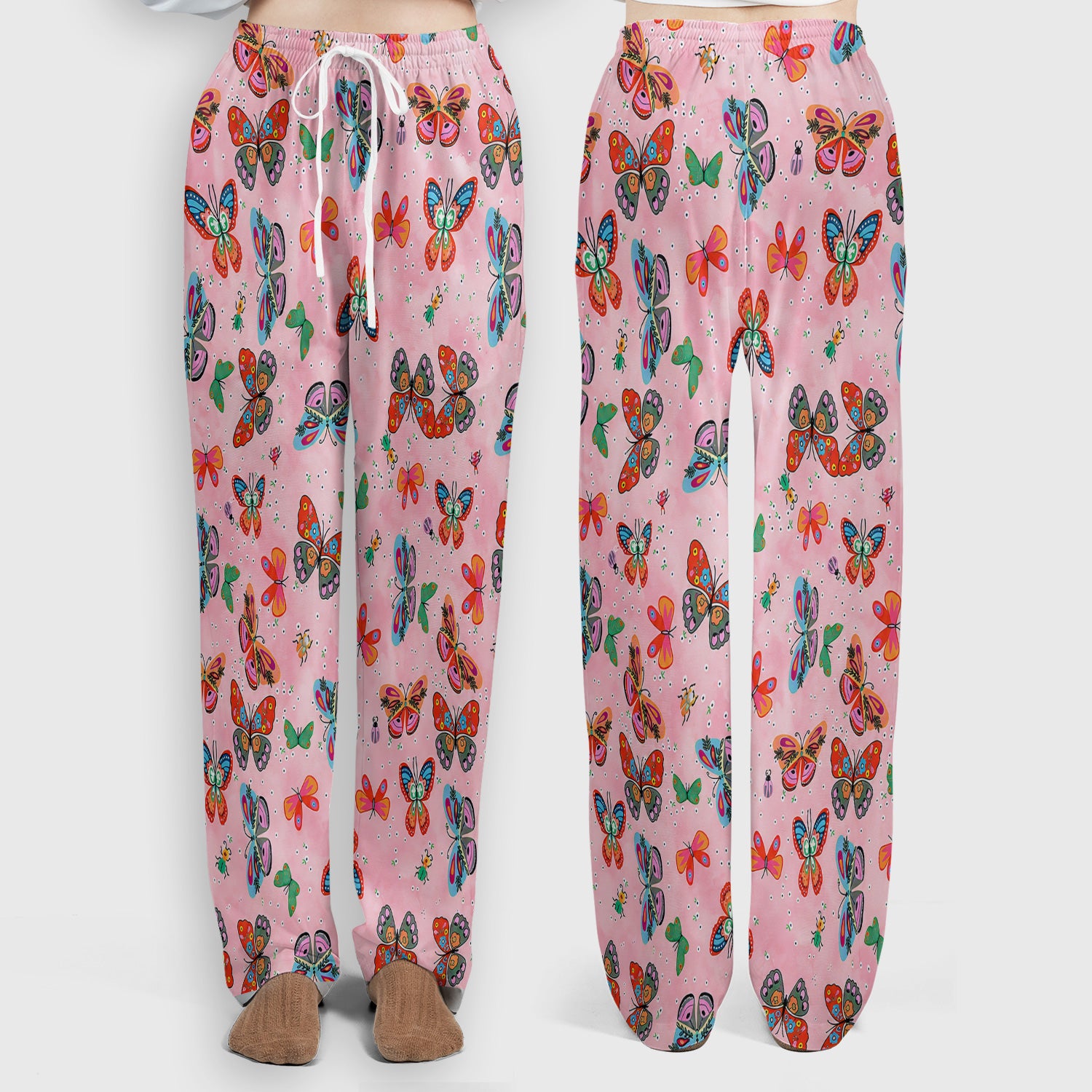 Colorful Butterfly Garden Pattern Scrub Set, Scrub Pants and V Neck Top