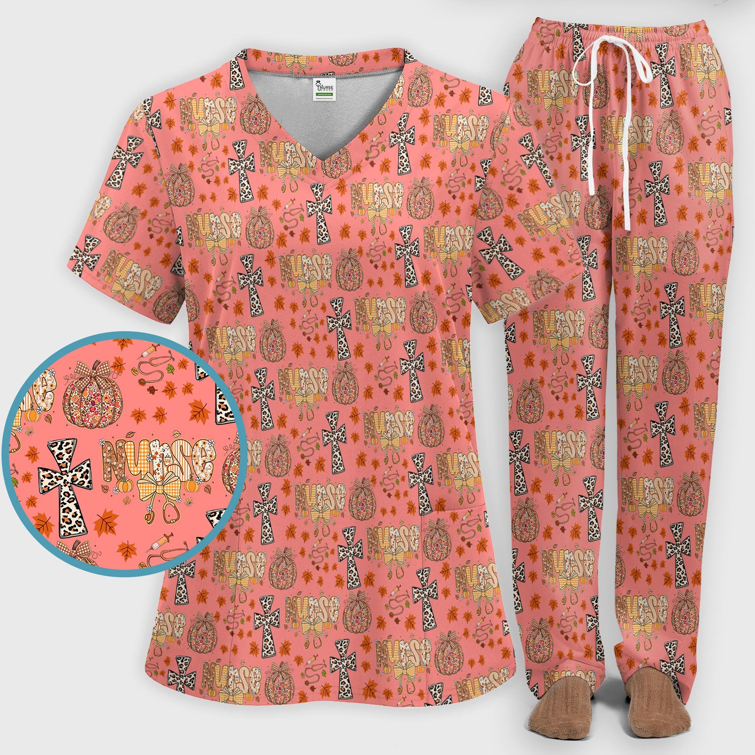 I Will Praise Him In Every Season - Boho Pumpkin Leopard Cross Fall Scrub Sets for Nurse - Thanksgiving Med Uniform for Women