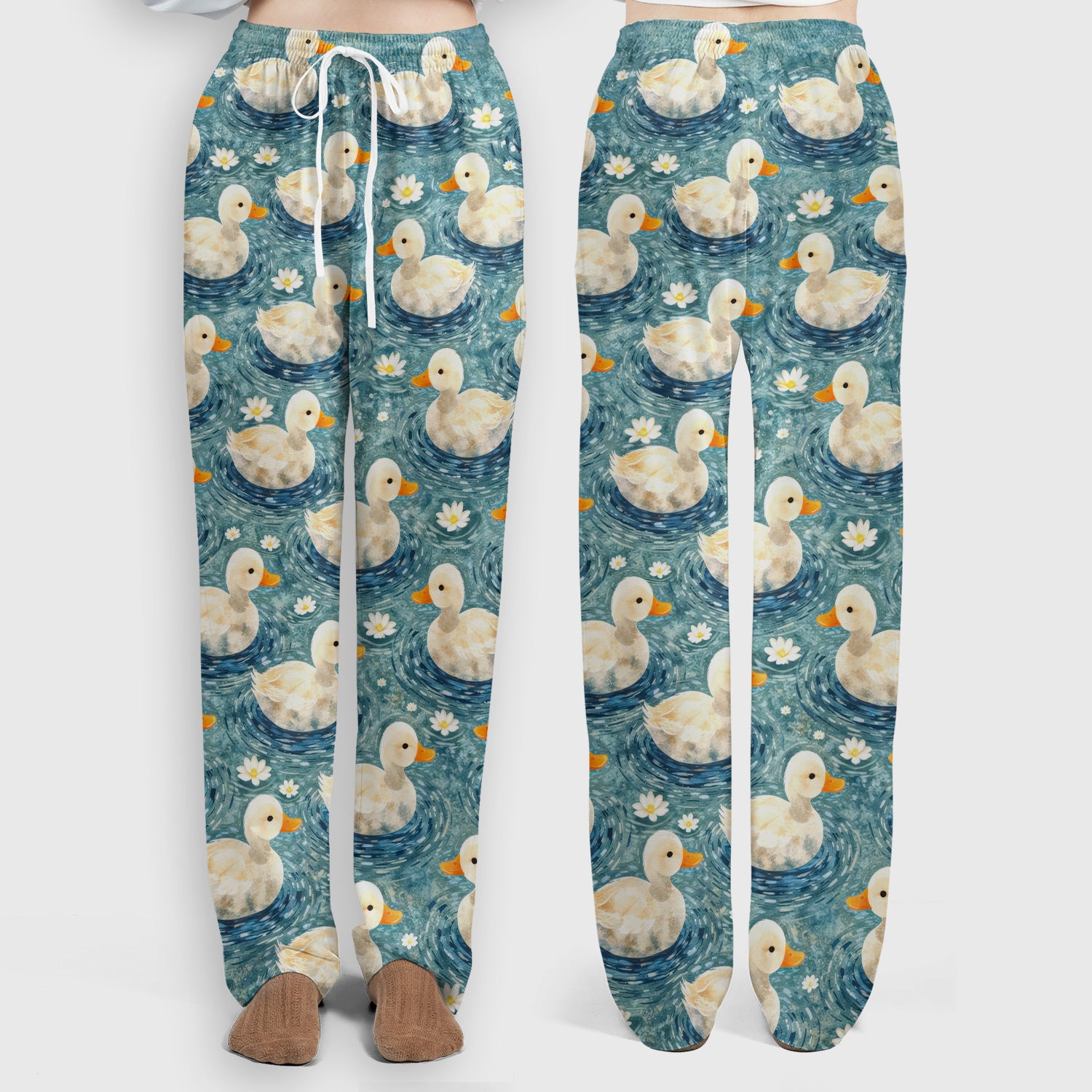 Charming Duck Pond Scrub Set, Peaceful Waterfowl Print Nursing Uniform, Scrub Pants and V Neck Top