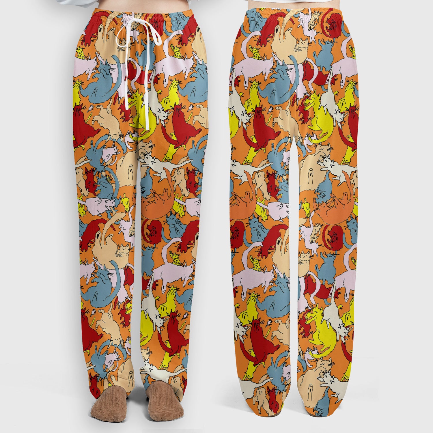 Colorful Cat Chaos Illustration Pattern Scrub Set, Scrub Pants and V Neck Top