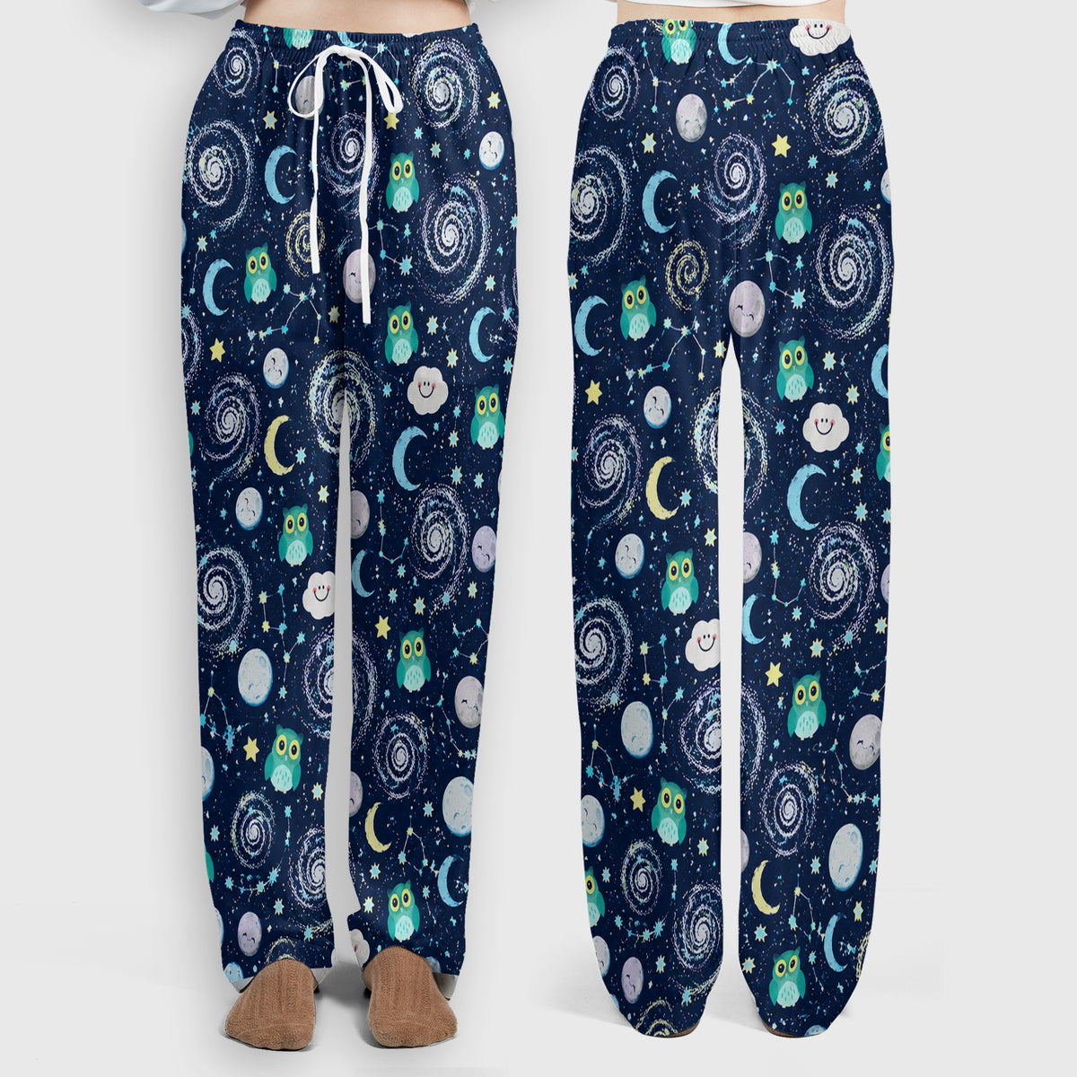 Cute Night Owl Galaxy Pattern Scrub Set, Scrub Pants and V Neck Top
