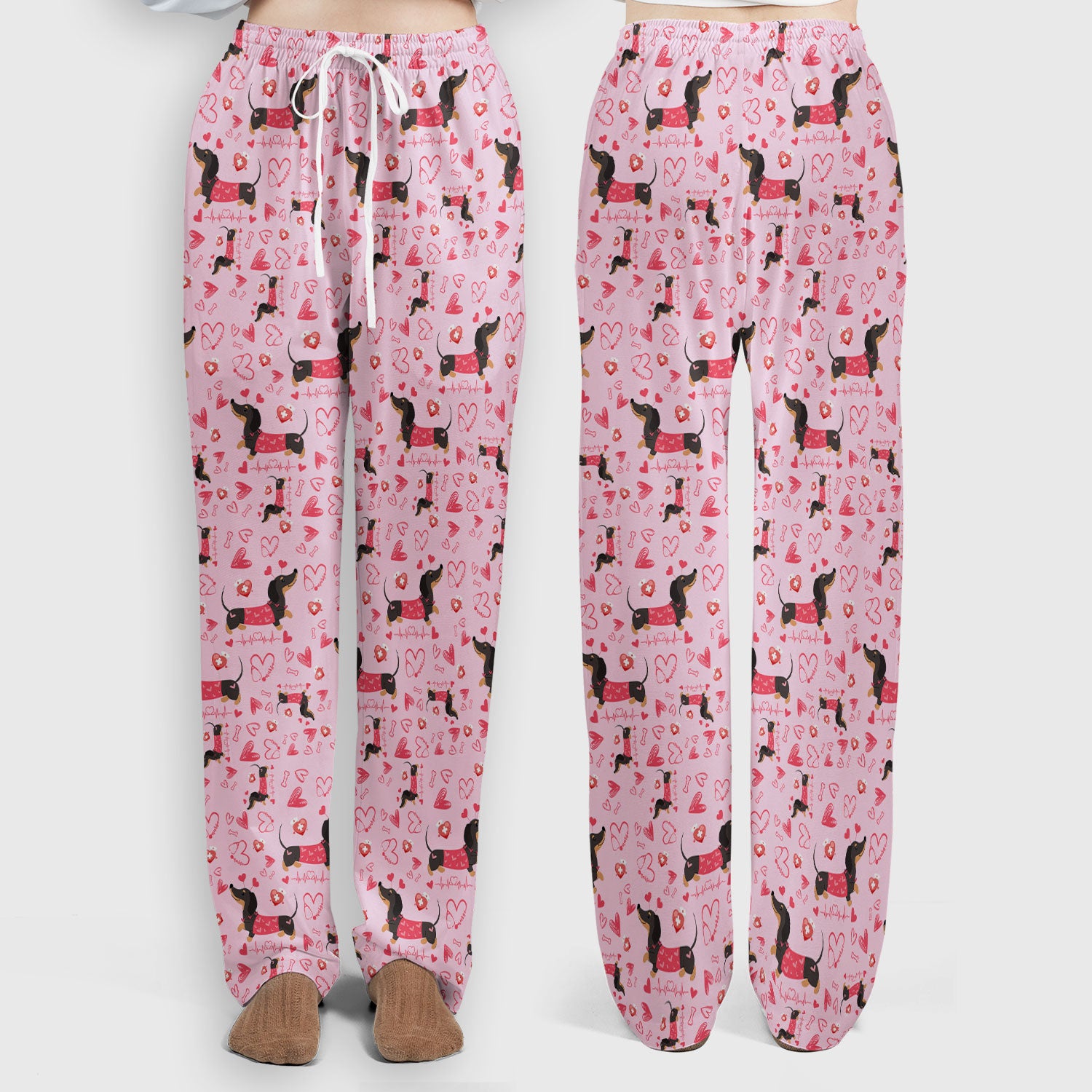 Dachshund Valentine Scrub Set, Cute Wiener Dog Heart Pattern Nurse Shirt, Breathable Fabrics Nursing Uniform