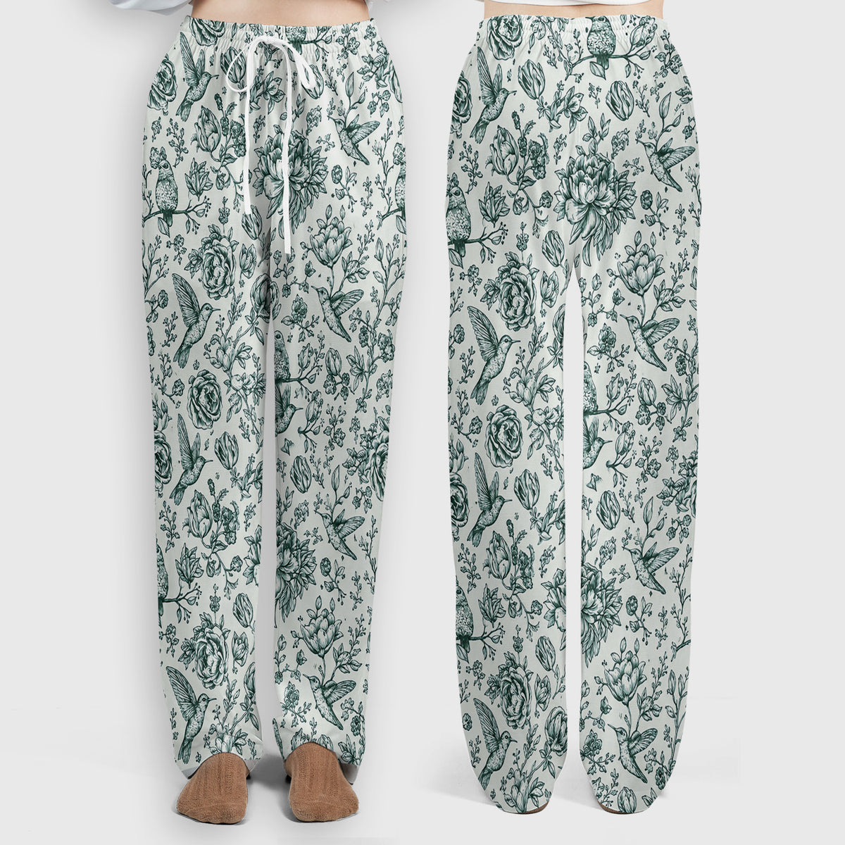 Vintage Hummingbird Pattern Scrub Set, Scrub Pants and V Neck Top