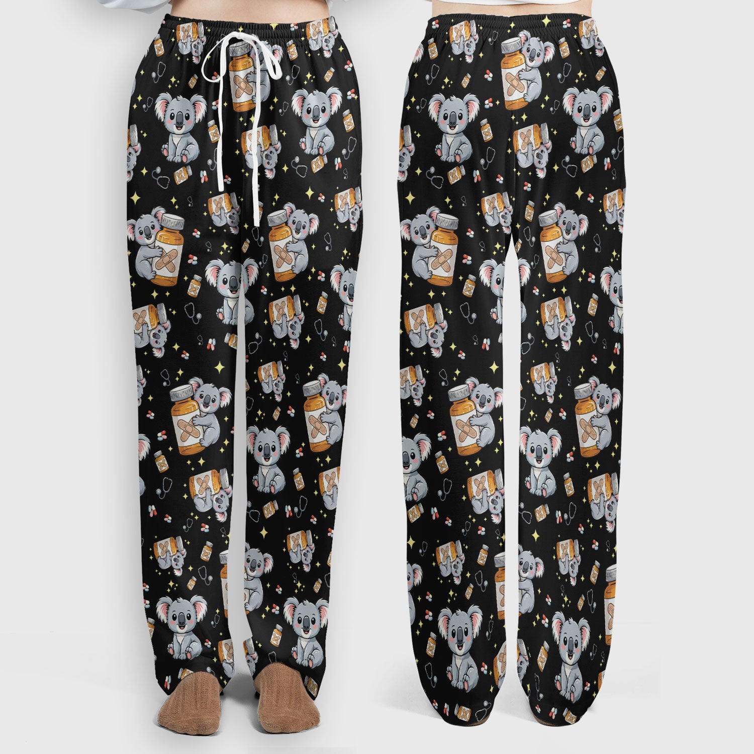 Cute Koala Nurse Bandage Medicine Print Scrub Set, Breathable Med Uniform