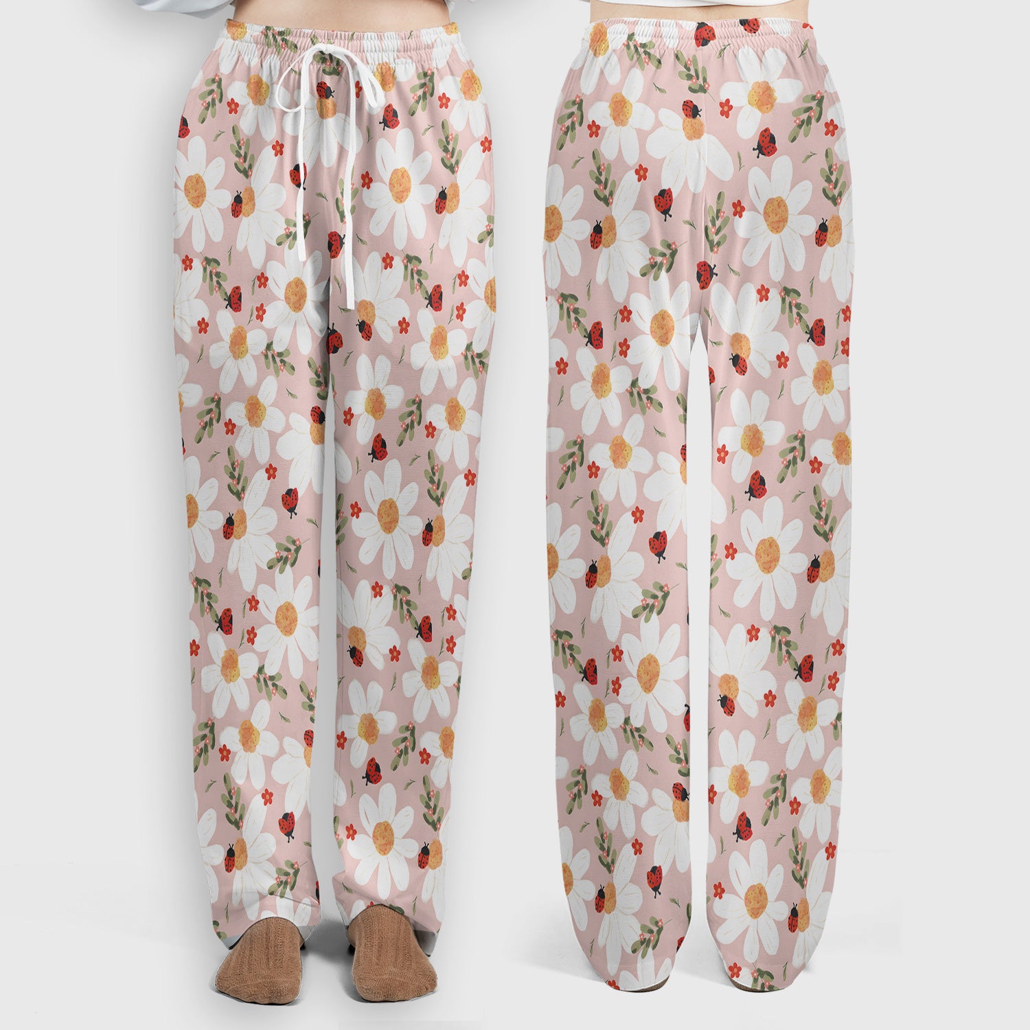 Daisy Ladybug Garden Blossom Pattern Scrub Set, Scrub Pants and V Neck Top
