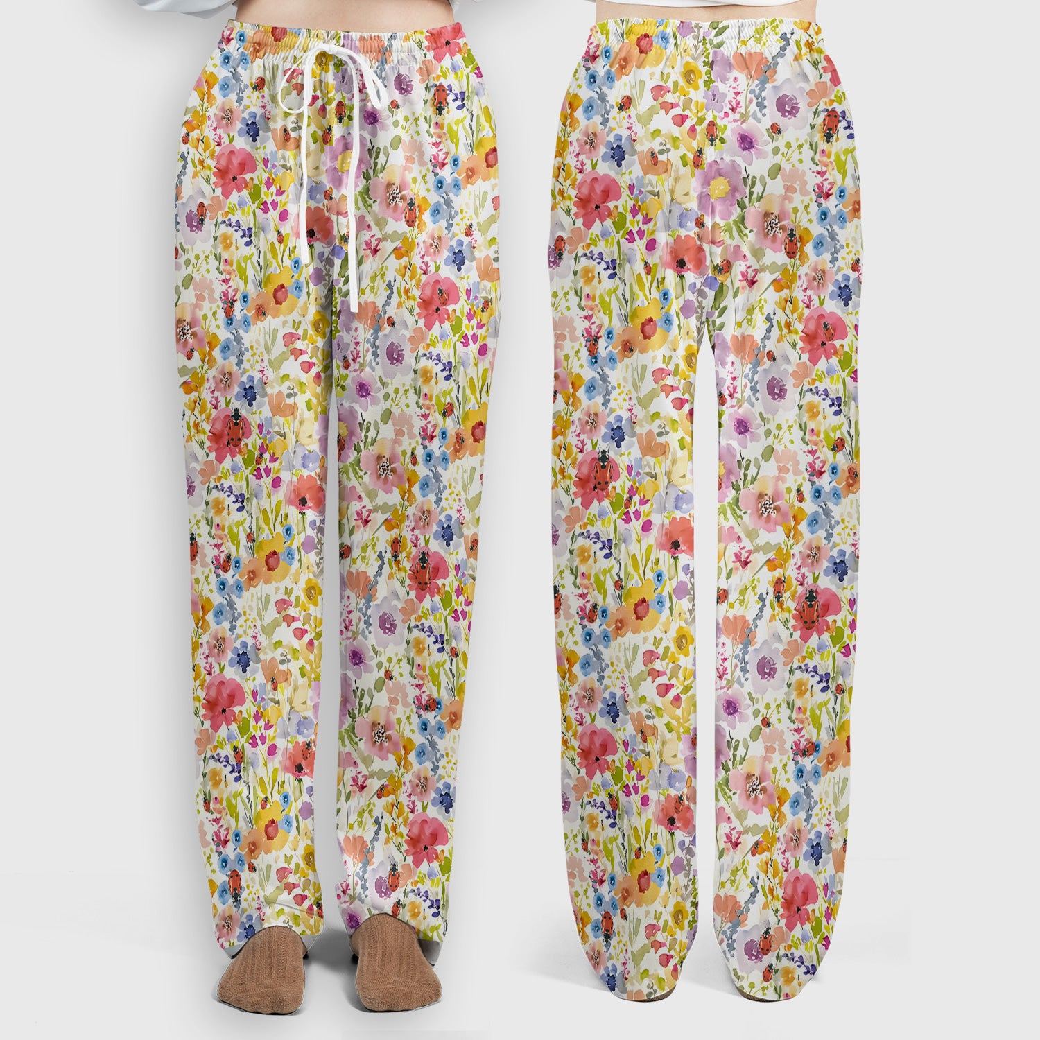Cute Wildflower Ladybug Garden Pattern Scrub Set, Scrub Pants and V Neck Top