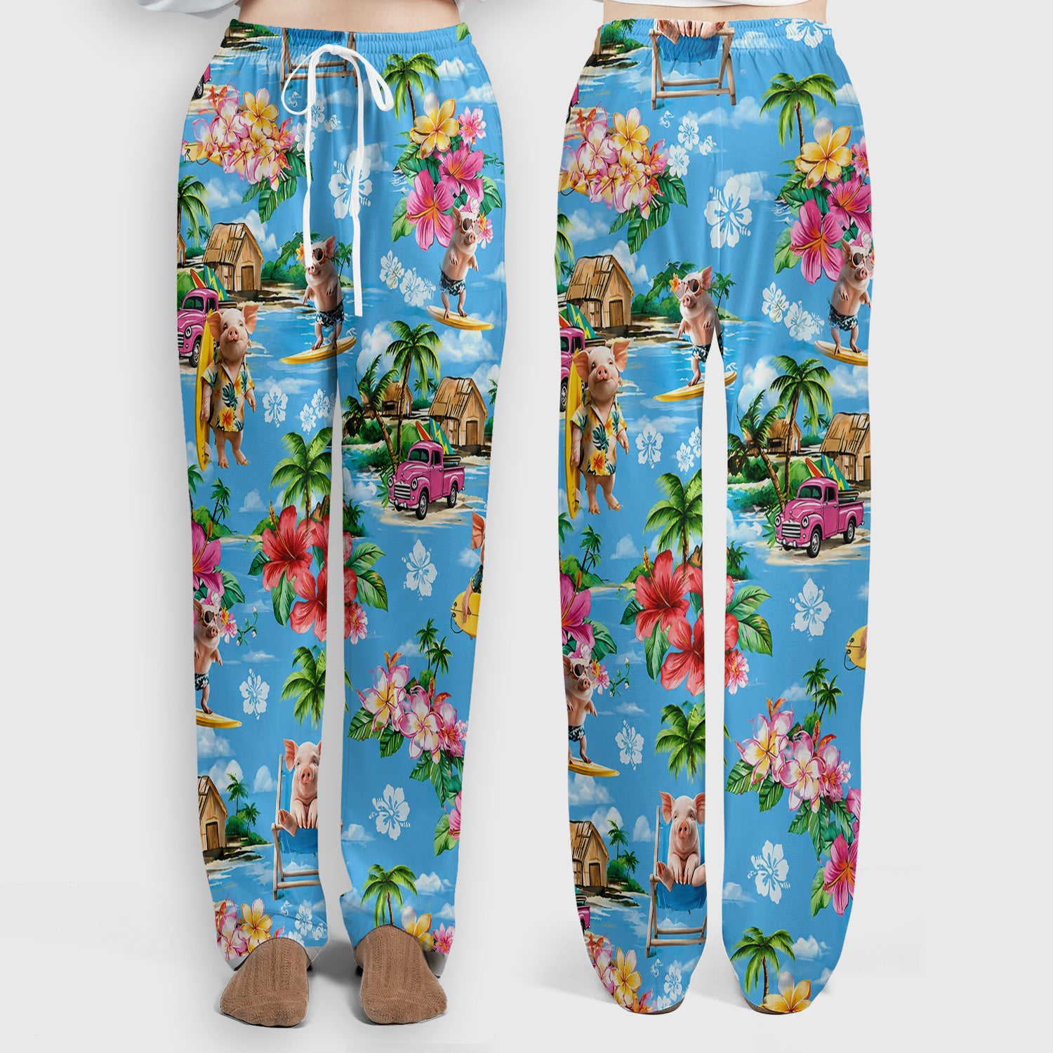 Tropical Surfing Pig Beach Pattern Scrub Set, Scrub Pants and V Neck Top