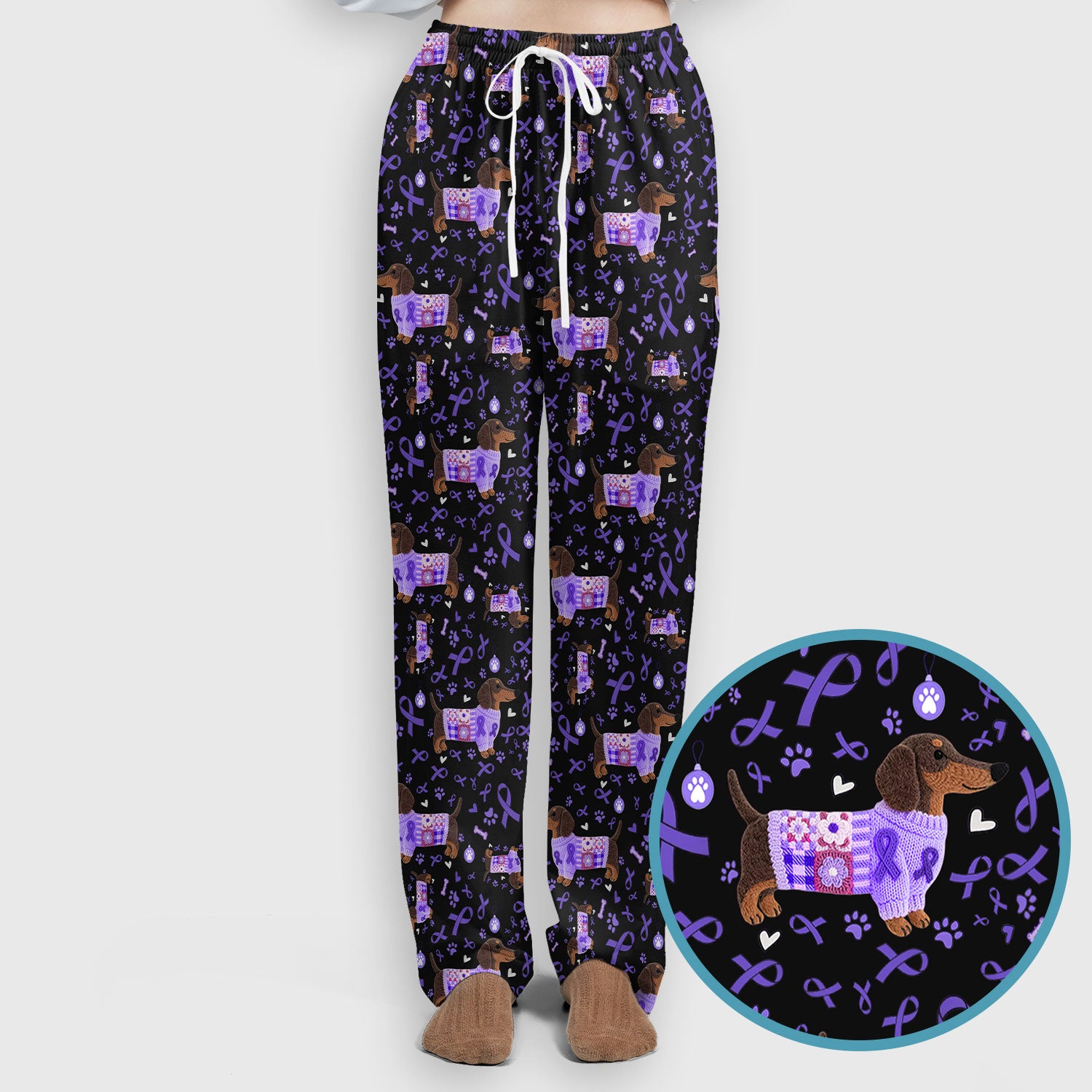 Purple Ribbon Dachshund Scrub Sets - Cute Awareness Dog Paw Prints Scrub Pants and V Neck Top - Support Lupus Cancer Med Uniform