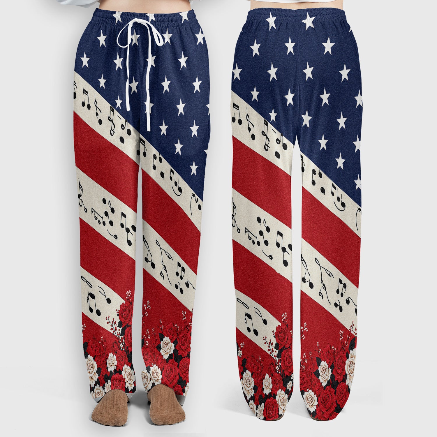 Patriotic Music Notes Nurse Scrub Top for RN, CNA, Healthcare Workers, Floral USA Uniform Scrub Set, Scrub Pants and V Neck Top