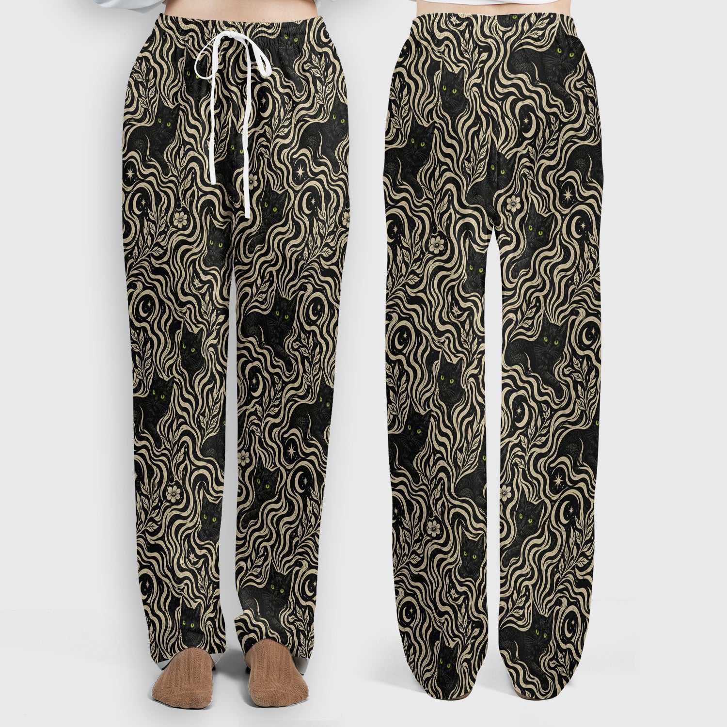 Mystical Black Cat Moonlit Pattern Scrub Set, Scrub Pants and V Neck Top