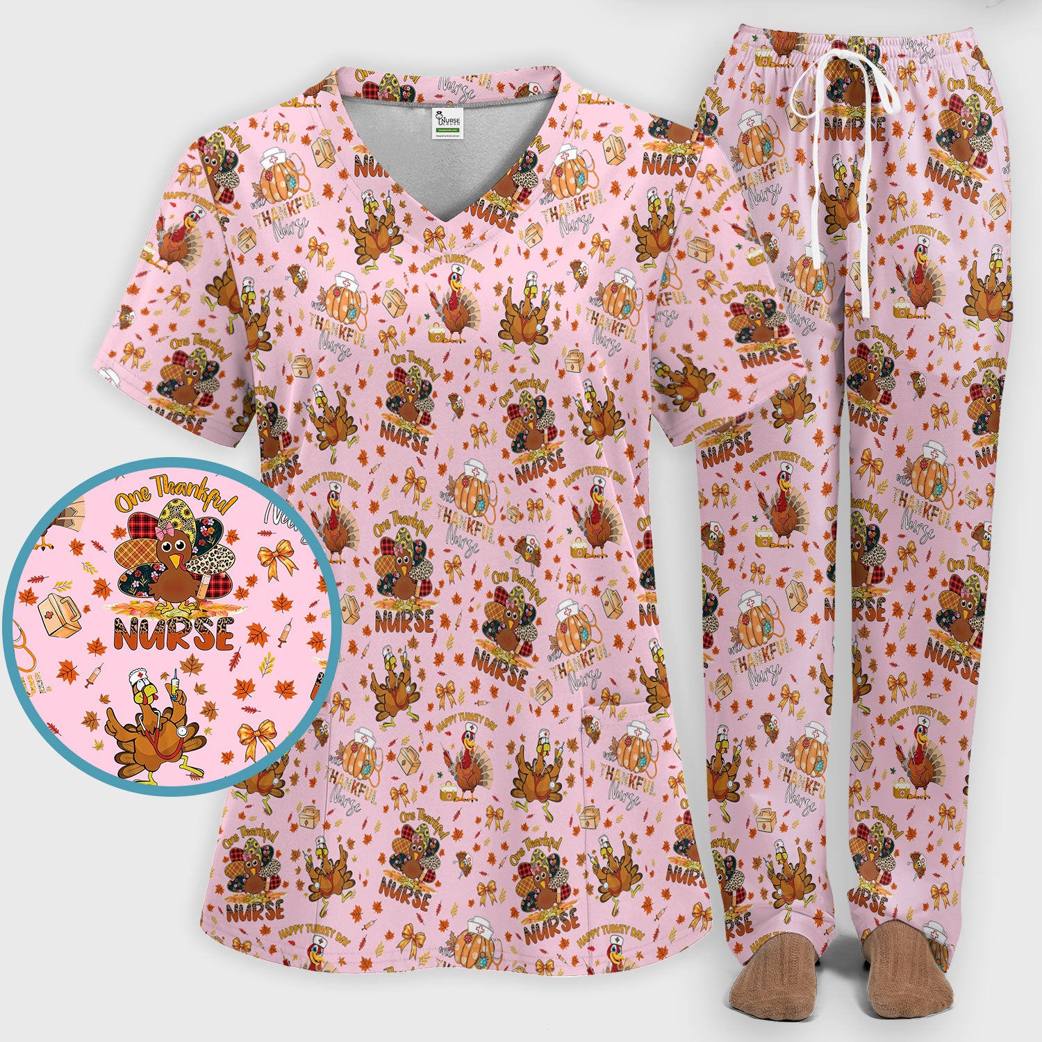 Thanksgiving Nurse Fall Scrub Sets for Women - Cute Turkey and Pumpkin Scrubs Pants and V Neck Top - Autumn Med Gift for Her