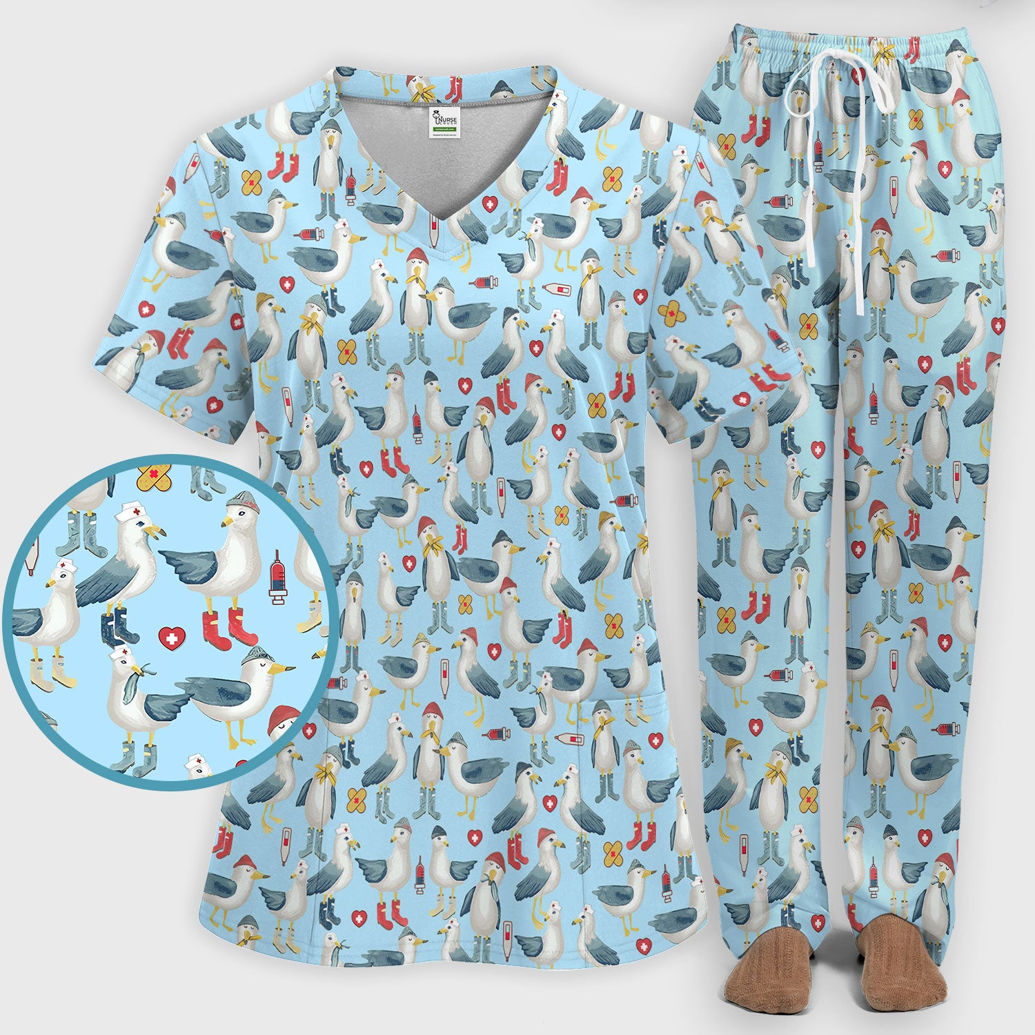 Funny Seagull Nurse Scrub Set - Cute Bird with Medical Icons Scrubs Pants and V Neck Top - Comfortable Scrubs for Women