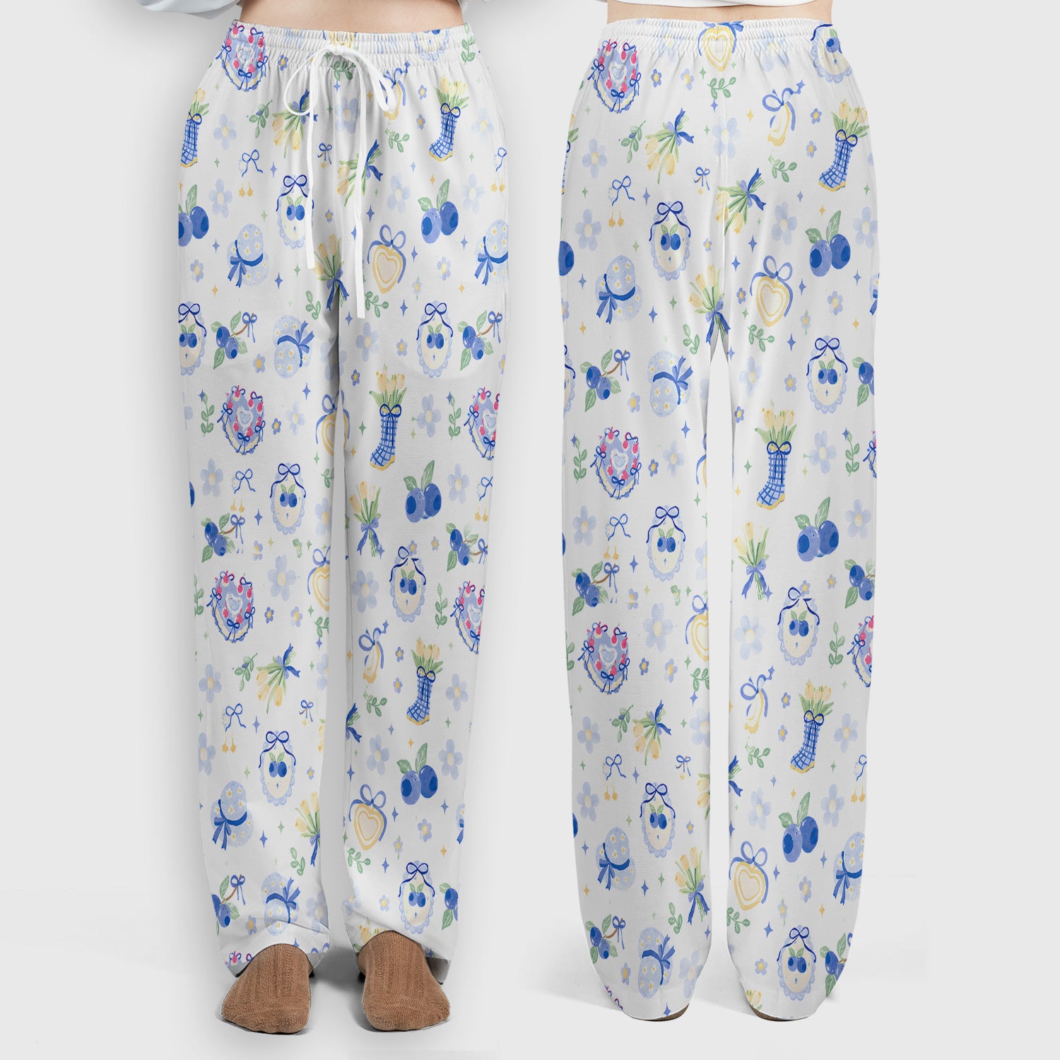 Cute Blueberry Bow Print Scrub Set, Scrub Pants and V Neck Top