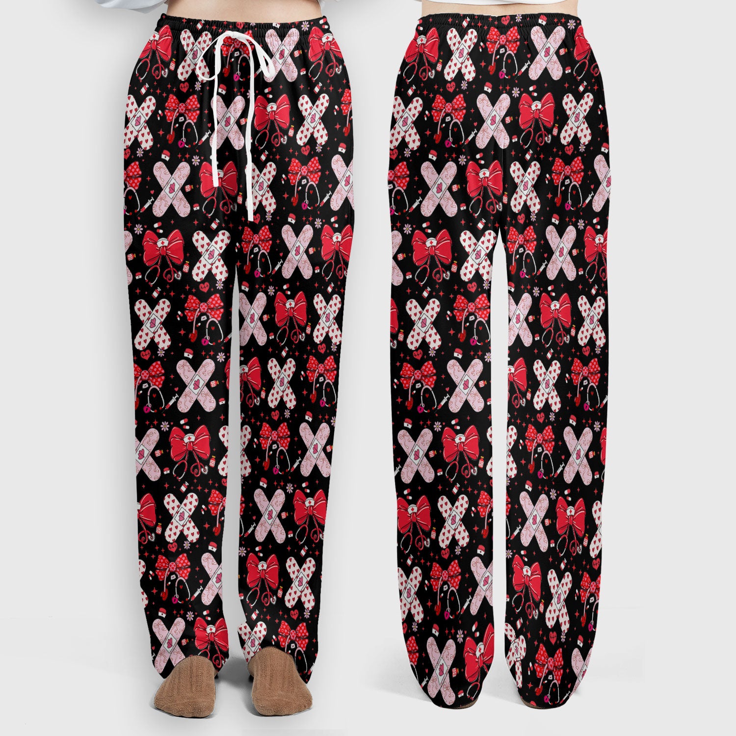 Valentine Nurse Scrub Set, Red Bow And Heart Bandage Pattern Medical Shirt, Breathable Fabrics Nursing Uniform