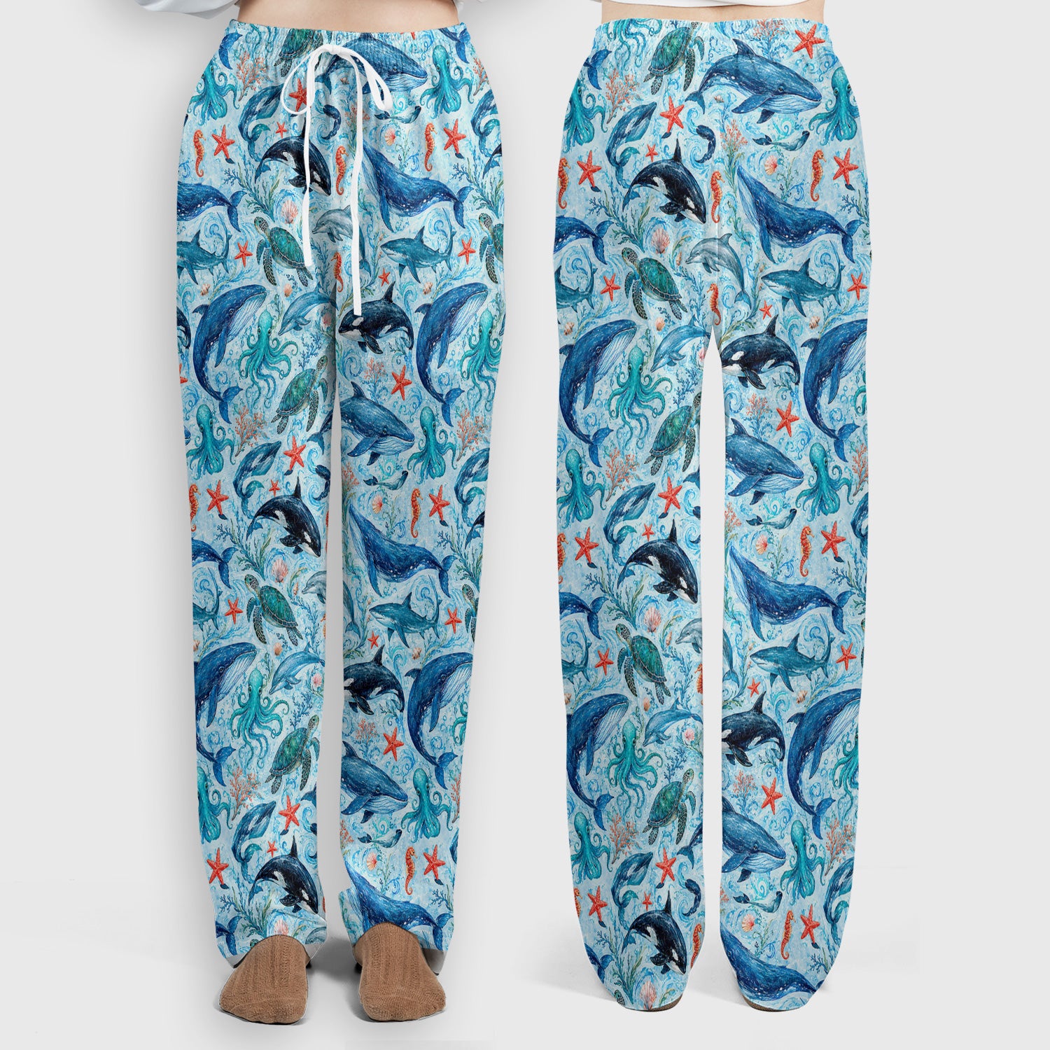 Watercolor Ocean Wildlife Scene Pattern Scrub Set, Scrub Pants and V Neck Top