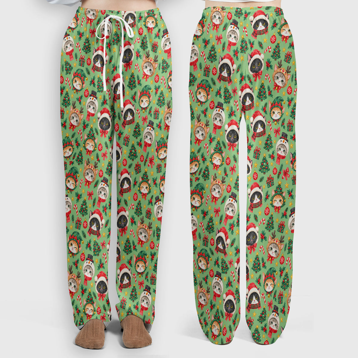 Christmas Cats And Trees Pattern Scrub Set, Scrub Pants and V Neck Top