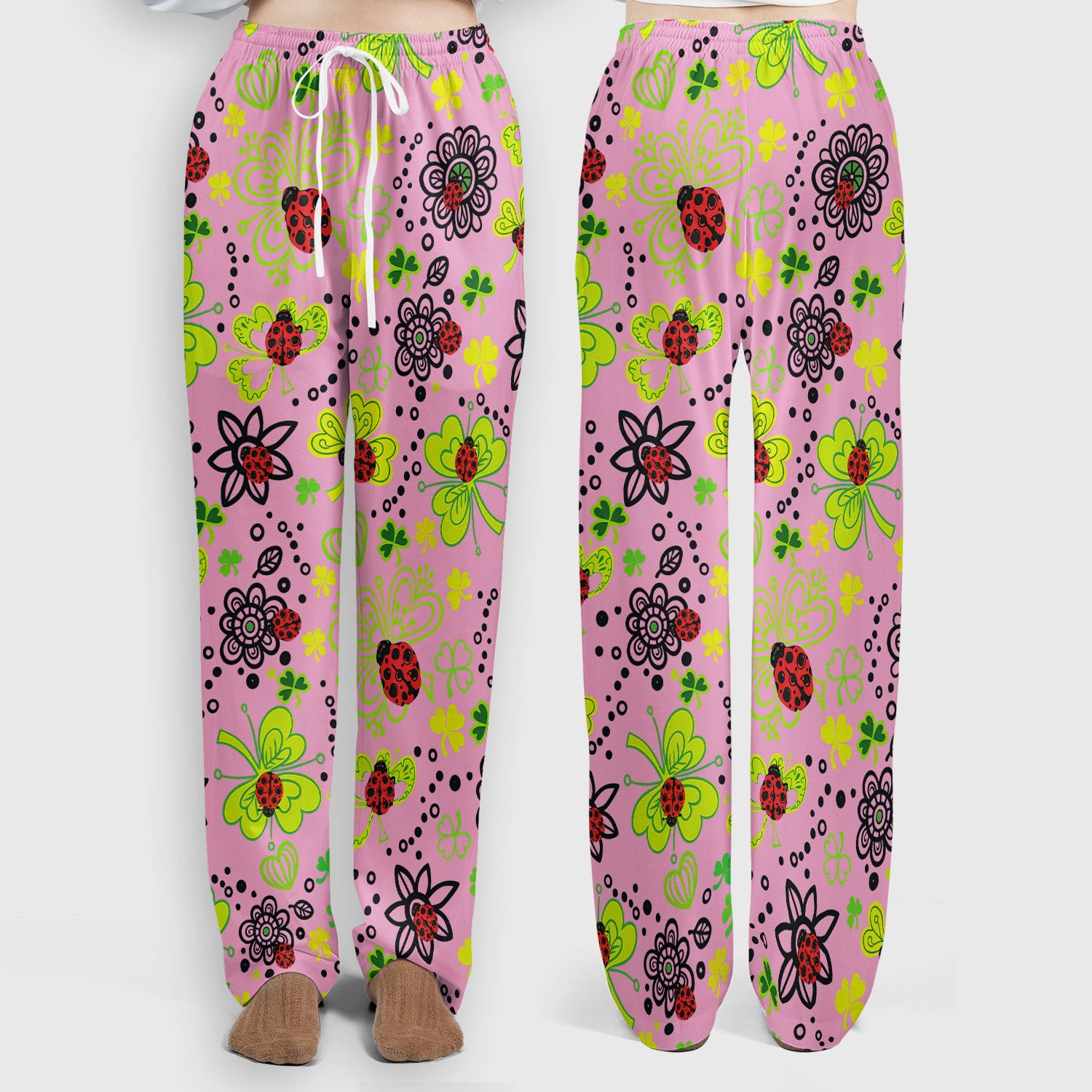 Ladybug Clover Floral Pattern Print Scrub Sets, Scrub Pants and V Neck Top