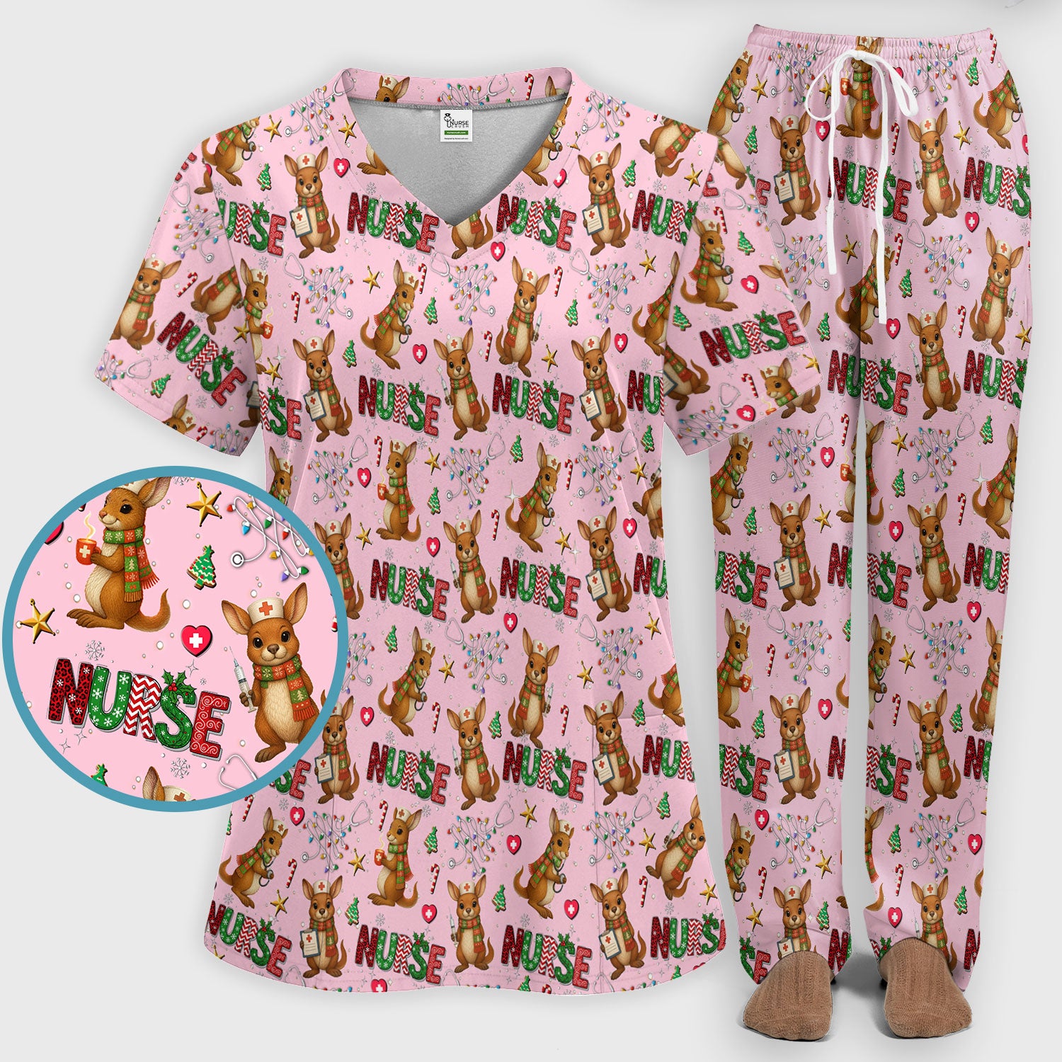 Aussie Kangaroo Christmas Scrub Set - Funny Holiday Nurse Shirt and Pants for Women - Cute Animal Medical Uniform