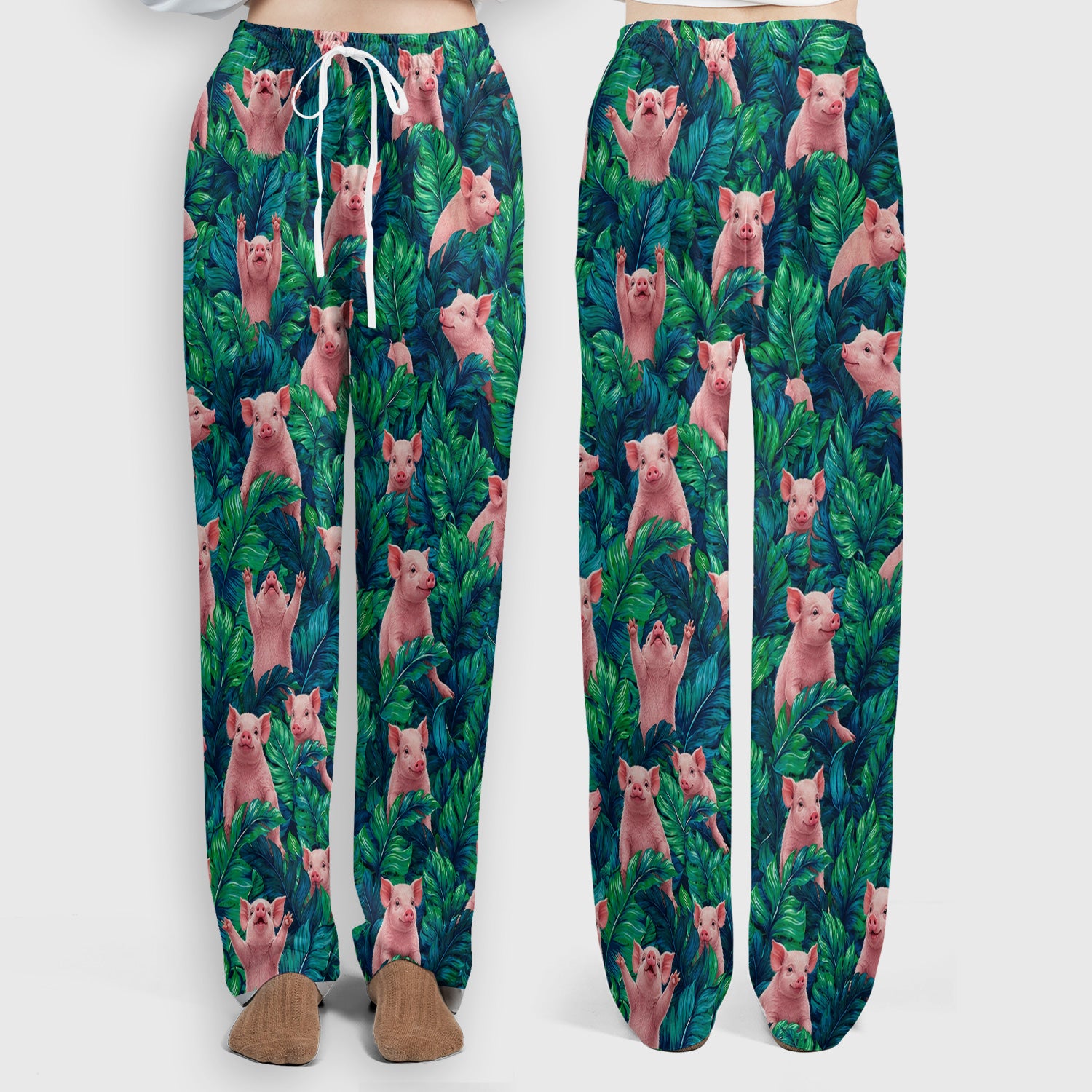 Cute Piglet Jungle Leaves Pattern Scrub Set, Scrub Pants and V Neck Top