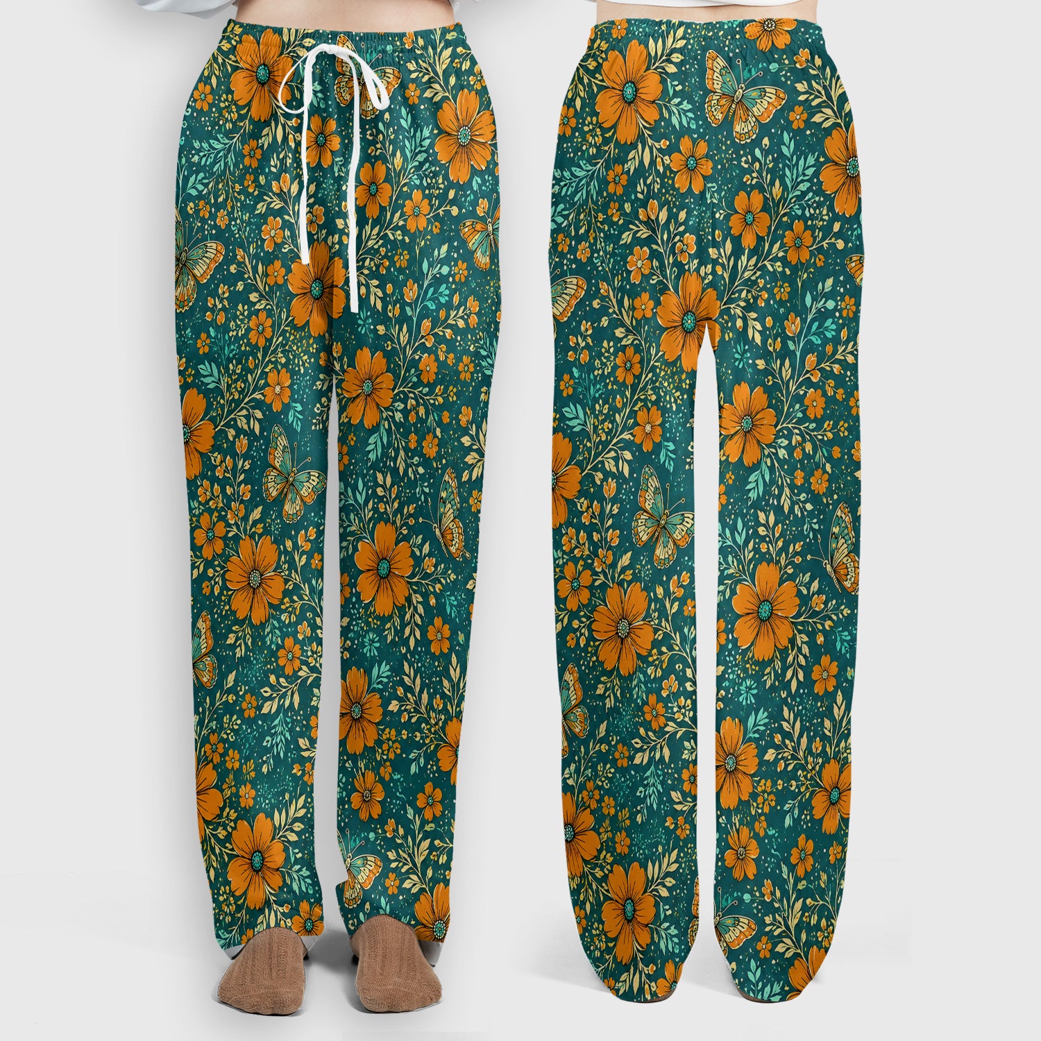 Orange Floral Butterfly Vine Pattern Scrub Set, Scrub Pants and V Neck Top