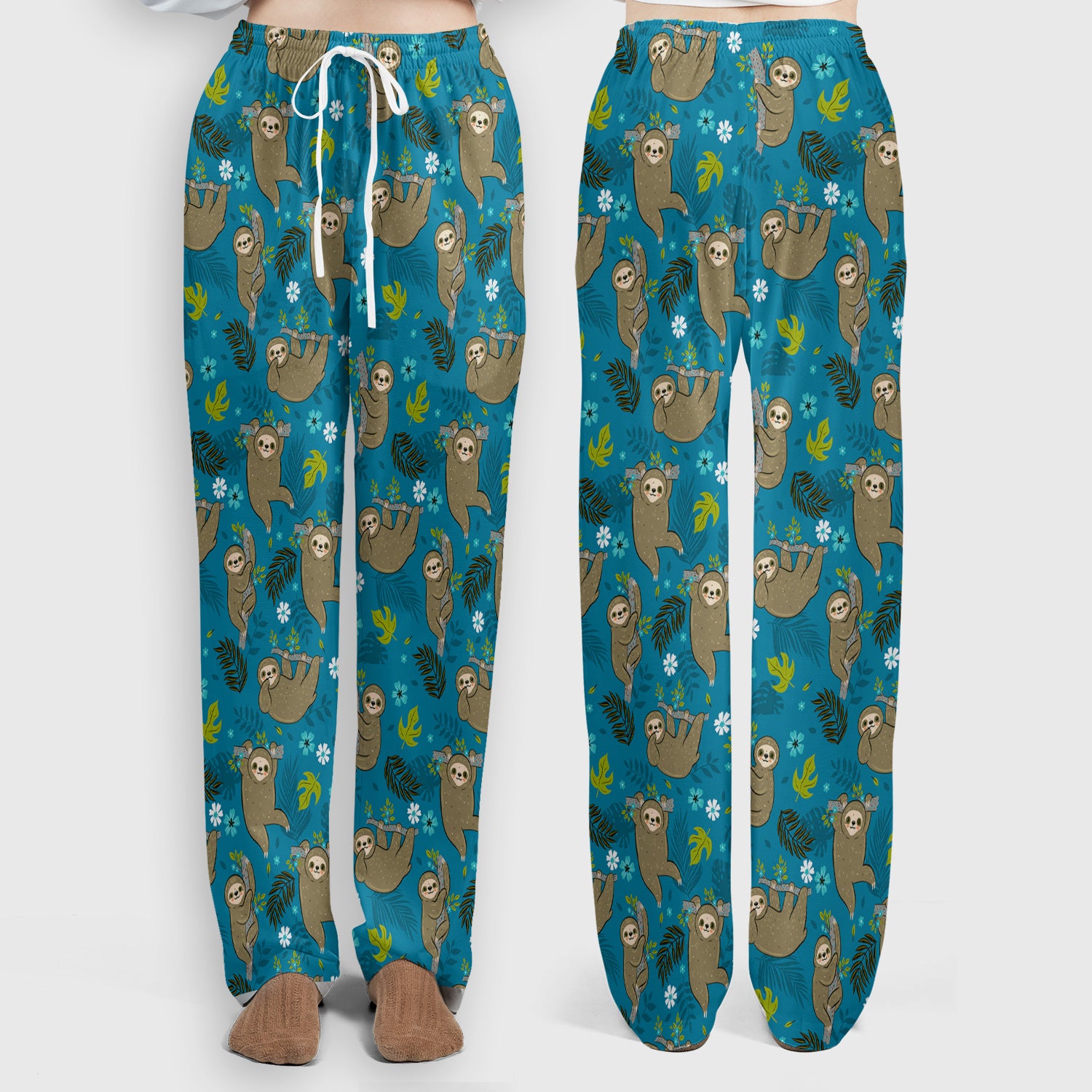 Jungle Tropical Sloth Pattern Scrub Set, Scrub Pants and V Neck Top
