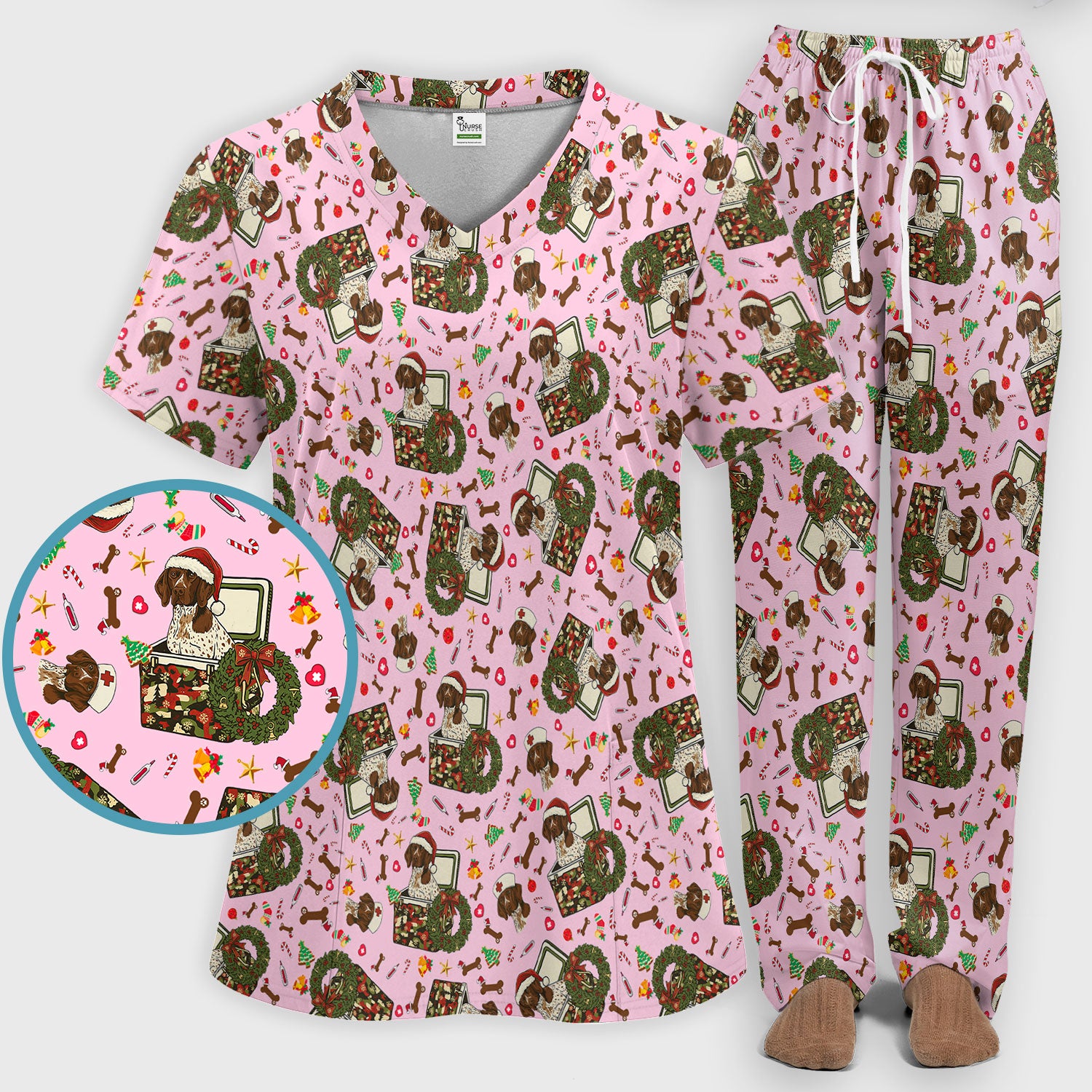Christmas Dachshund Scrub Set - Cute Sausage Dog Nursing Pants and V Neck Top - Funny Holiday Medical Uniform