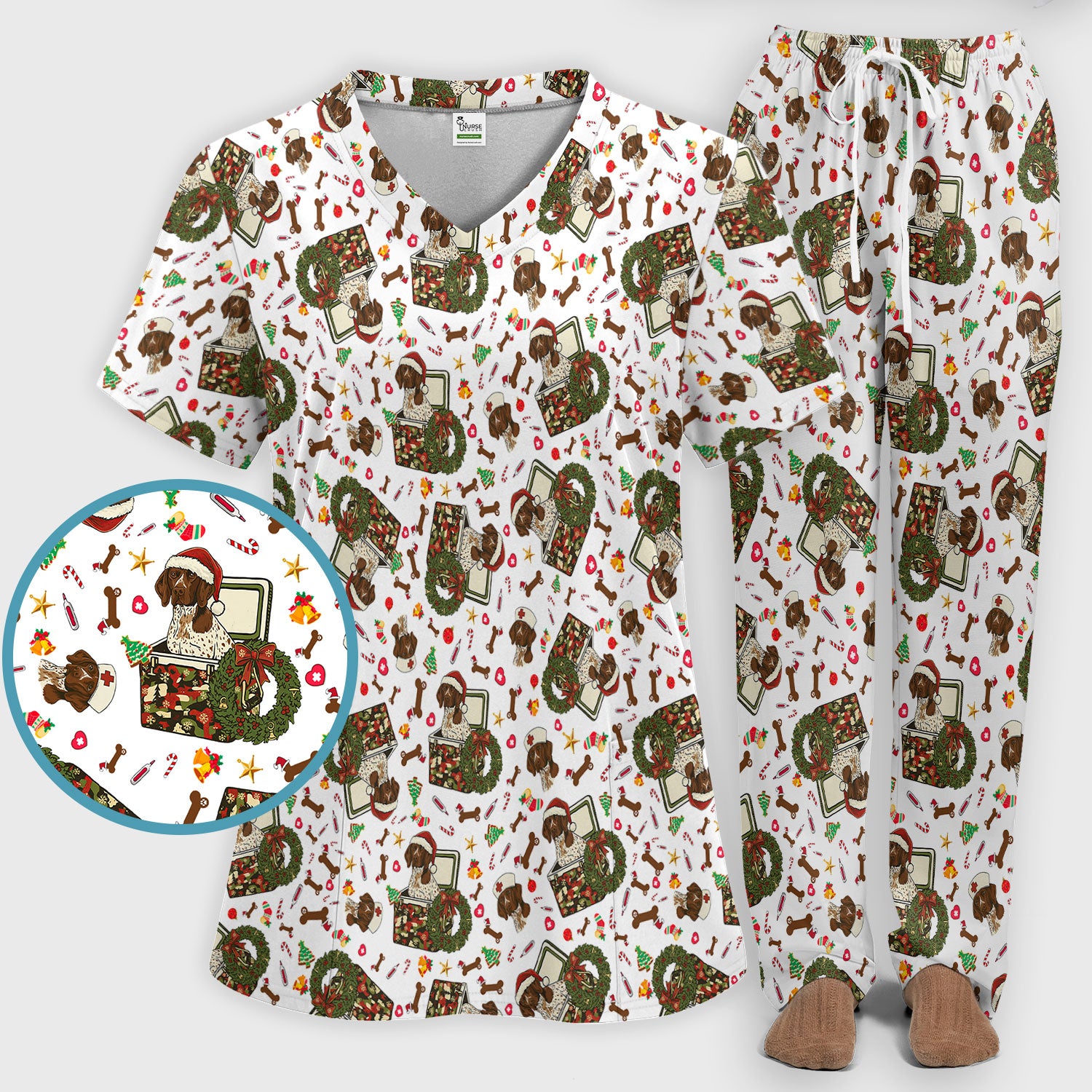 Christmas Dachshund Scrub Set - Cute Sausage Dog Nursing Pants and V Neck Top - Funny Holiday Medical Uniform