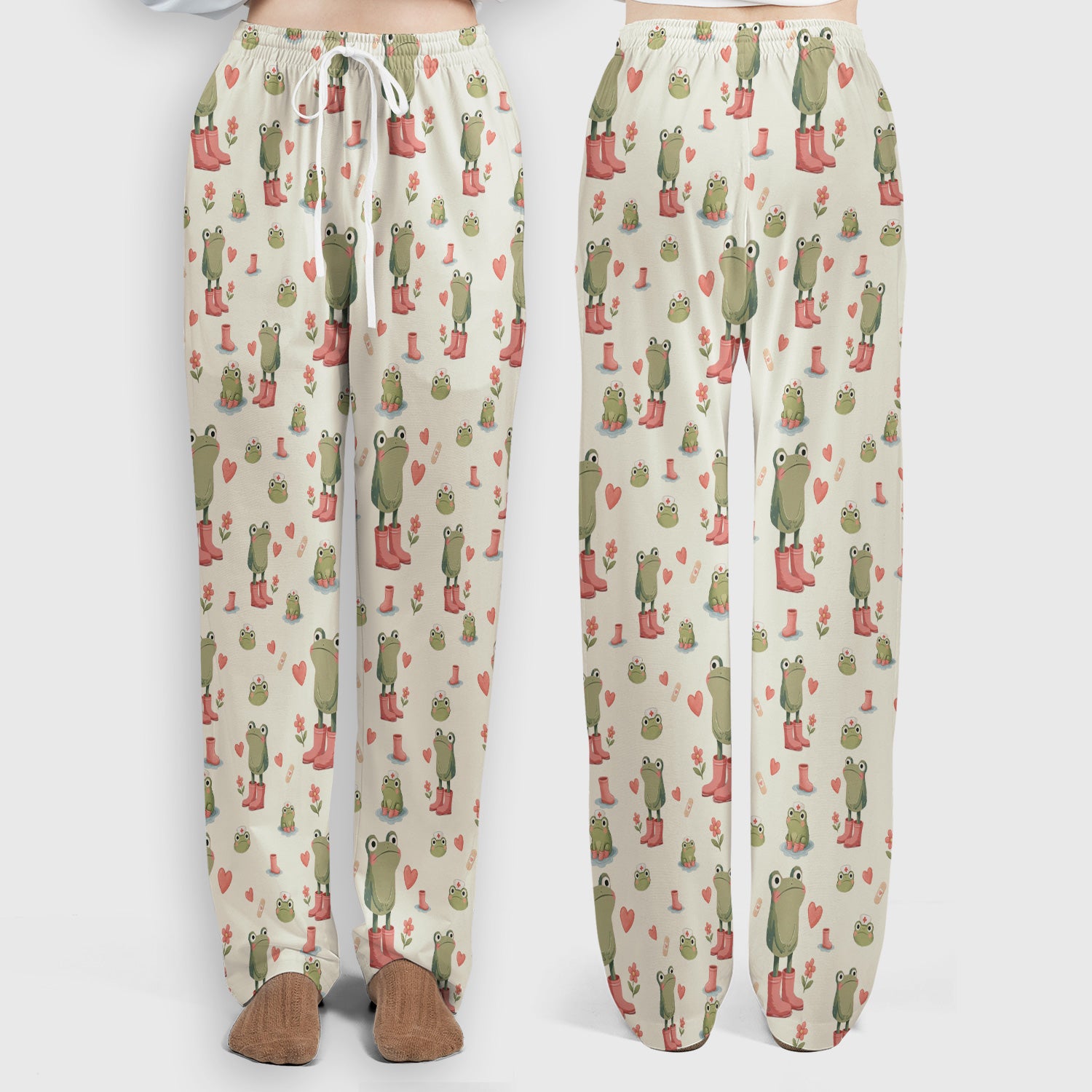 Adorable Frog Boots Heart Pattern Scrub Set, Nurse Uniform Scrubs Set