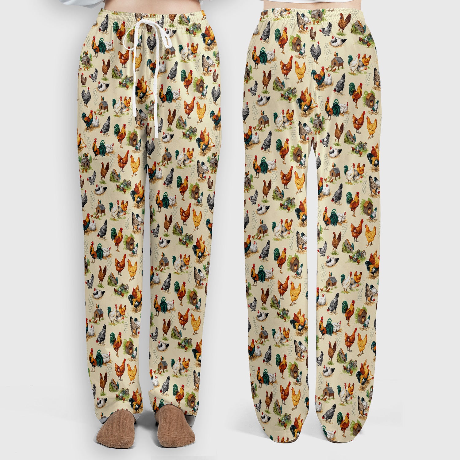 Farm Chicken Rooster Coop Pattern Scrub Set, Scrub Pants and V Neck Top