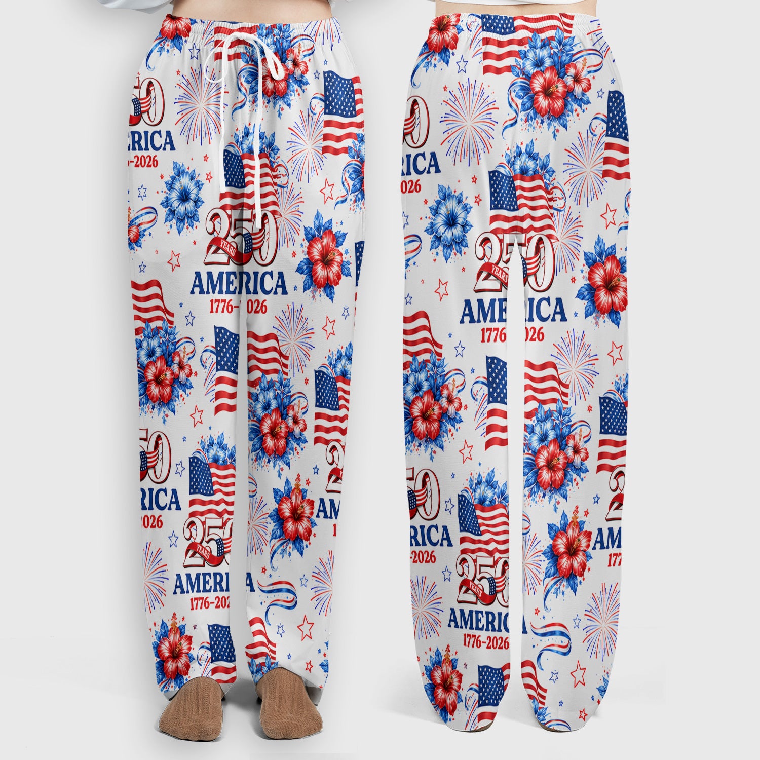 America 250 with Flag Firework Pattern Scrub Set, Scrub Pants and V Neck Top