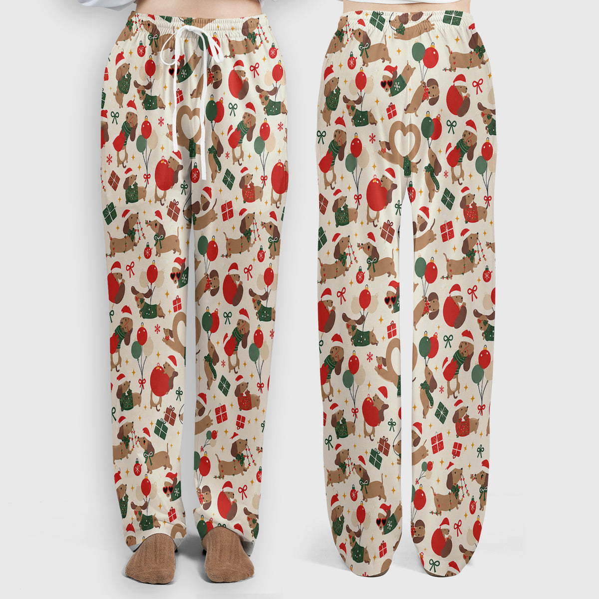Cute Christmas Dachshund Pattern Scrub Set, Scrub Pants and V Neck Top