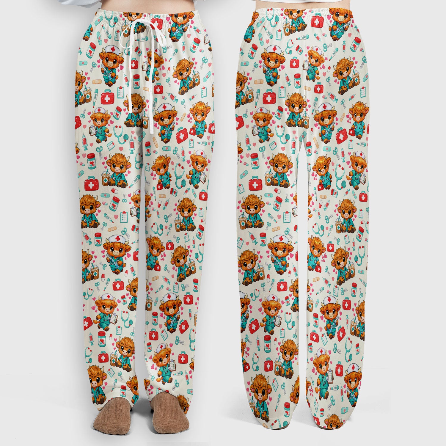 Cute Highland Cow Nurse Scrub Set, Kawaii Medical Pattern Shirt, Breathable Fabrics Nursing Uniform