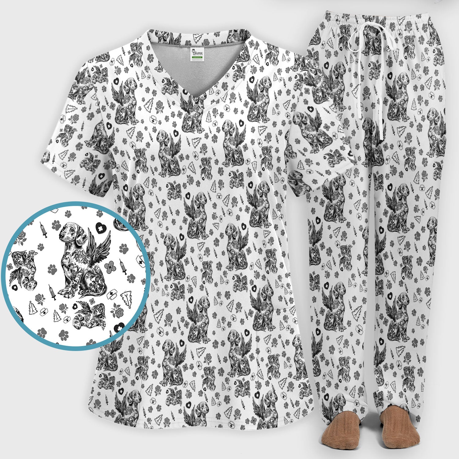 Toile de Jouy Dachshund Angel Scrub Set - Blue Vintage Wiener Dog Scrubs Pants and V Neck Top - Memorial Puppy Gift