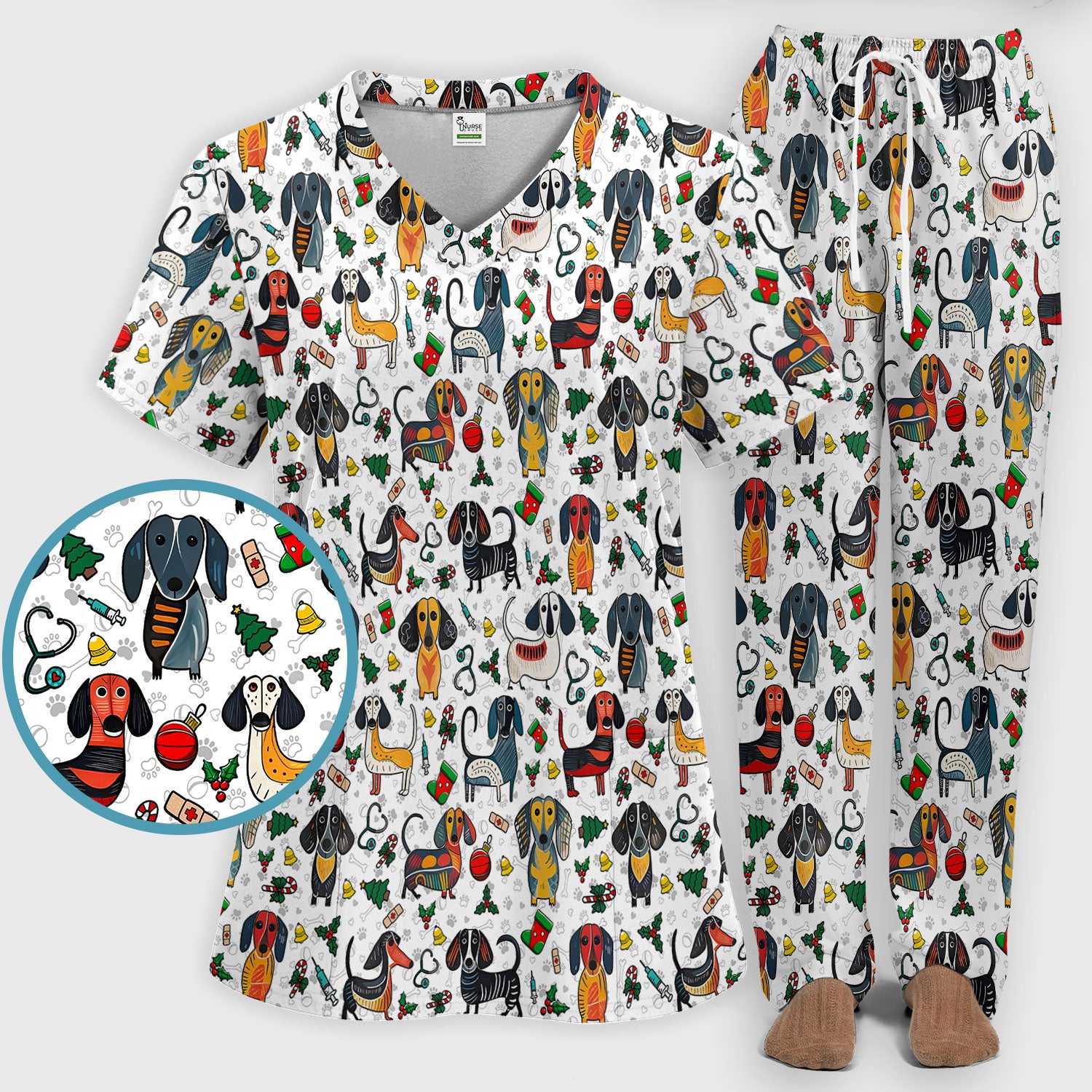 Dachshund Christmas Scrub Set - Cute Wiener Dog Pants and V Neck Top - Holiday Medical Uniform