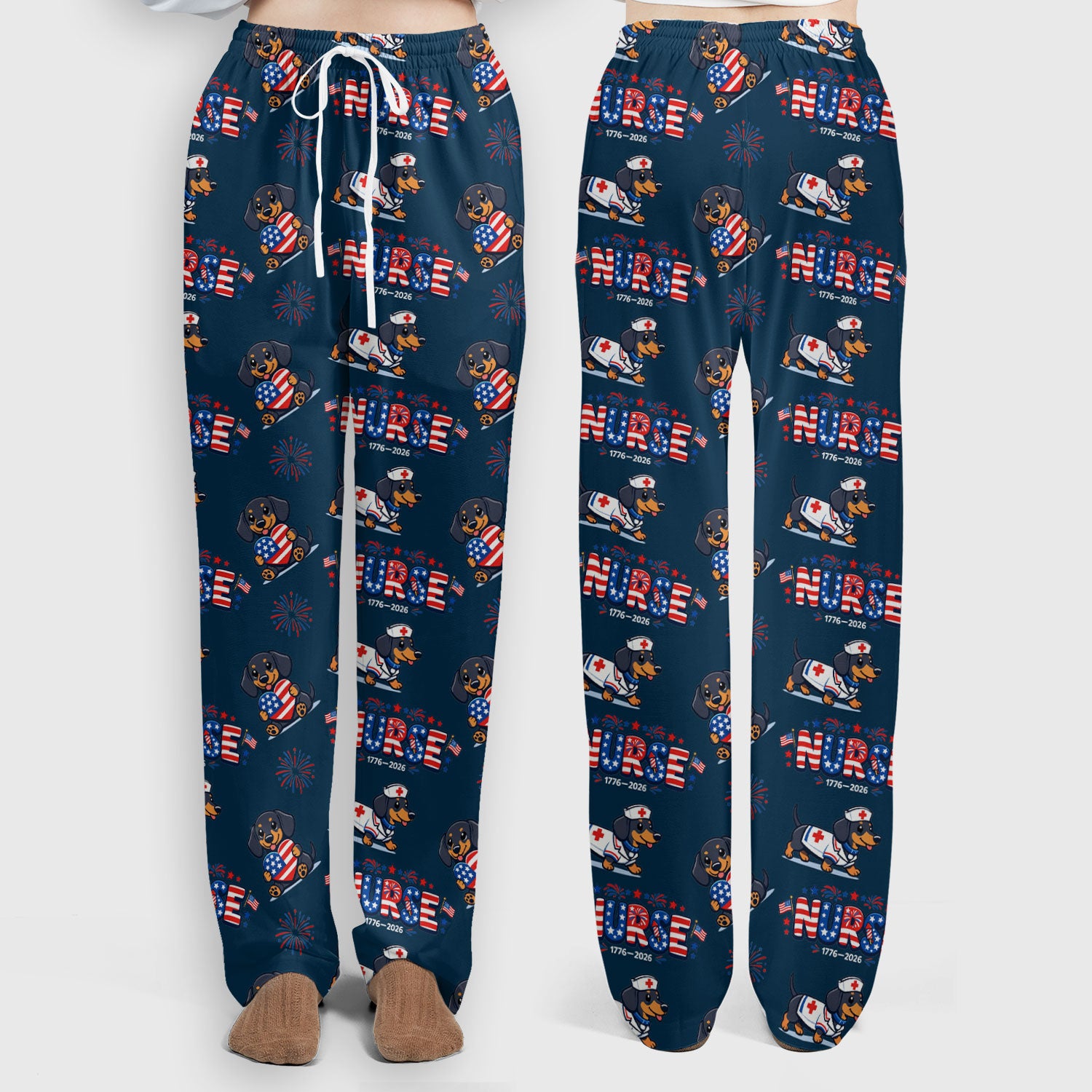 Proud Nurse Patriotic Dachshund Medical Firework Pattern Scrub Set, Nurse Uniform Scrubs Set