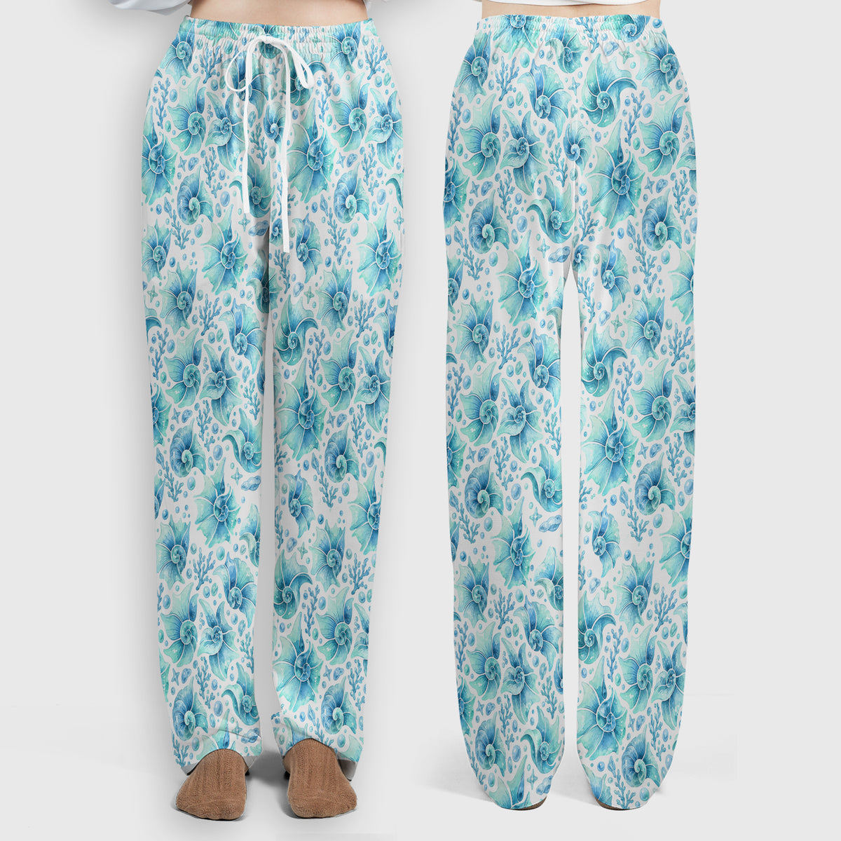 Blue Watercolor Seashell Pattern Scrub Set, Scrub Pants and V Neck Top