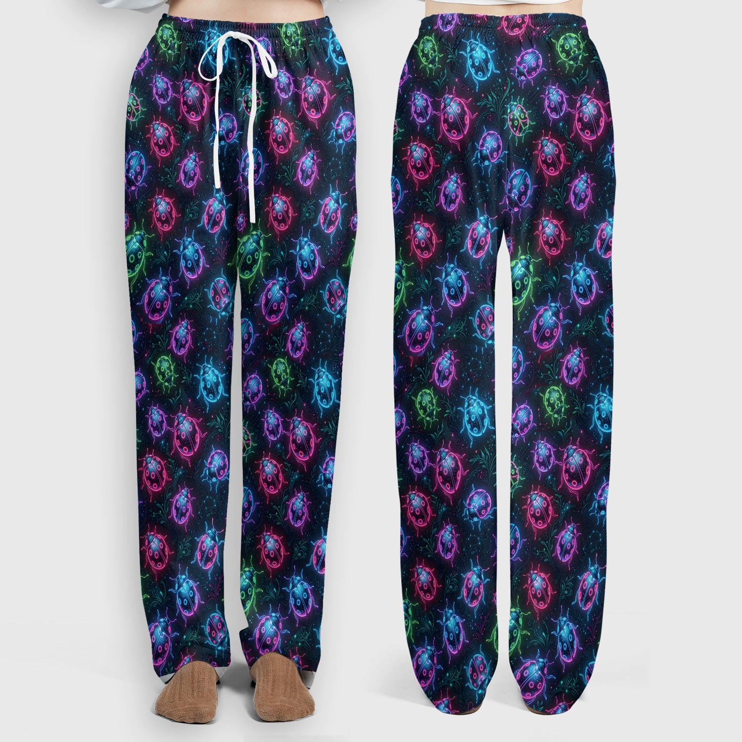 Colorful Neon Ladybug Pattern Scrub Set, Scrub Pants and V Neck Top