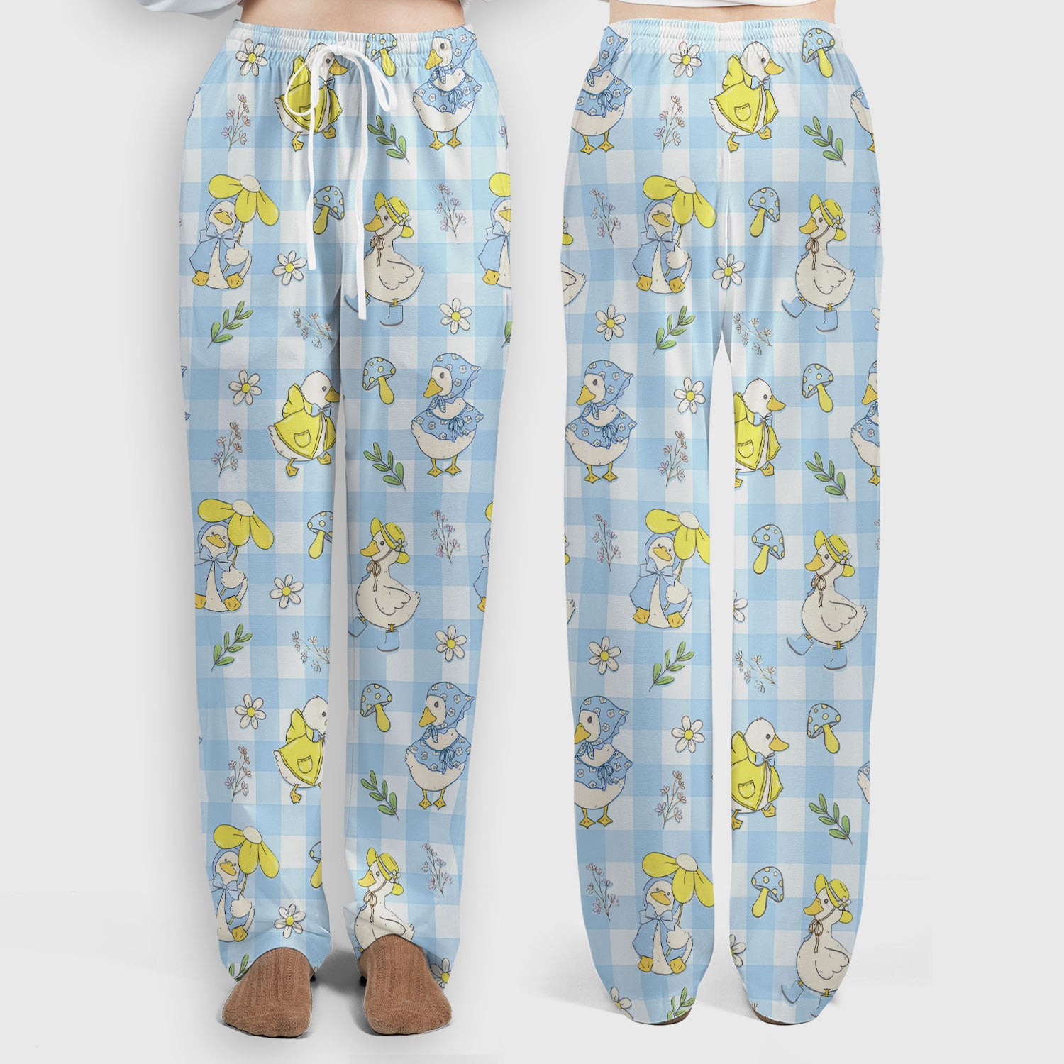 Cute Duck Outfit Gingham Pattern Scrub Set, Scrub Pants and V Neck Top