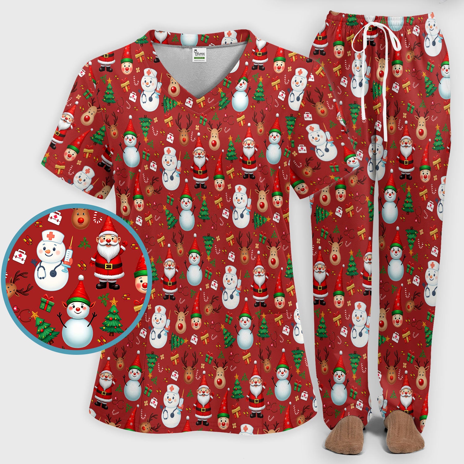 Christmas Nurse Scrub Set - Cute Snowman Santa Reindeer Pattern Medical Uniform - Festive Holiday Scrubs Pants and V Neck Top