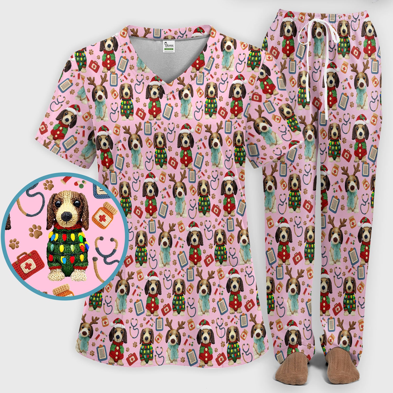 Christmas Wiener Dog Scrubs Set for Women - Cute Dachshund Christmas Scrub Pants and V Neck Top - Puppy Lover Medical Uniform Gift