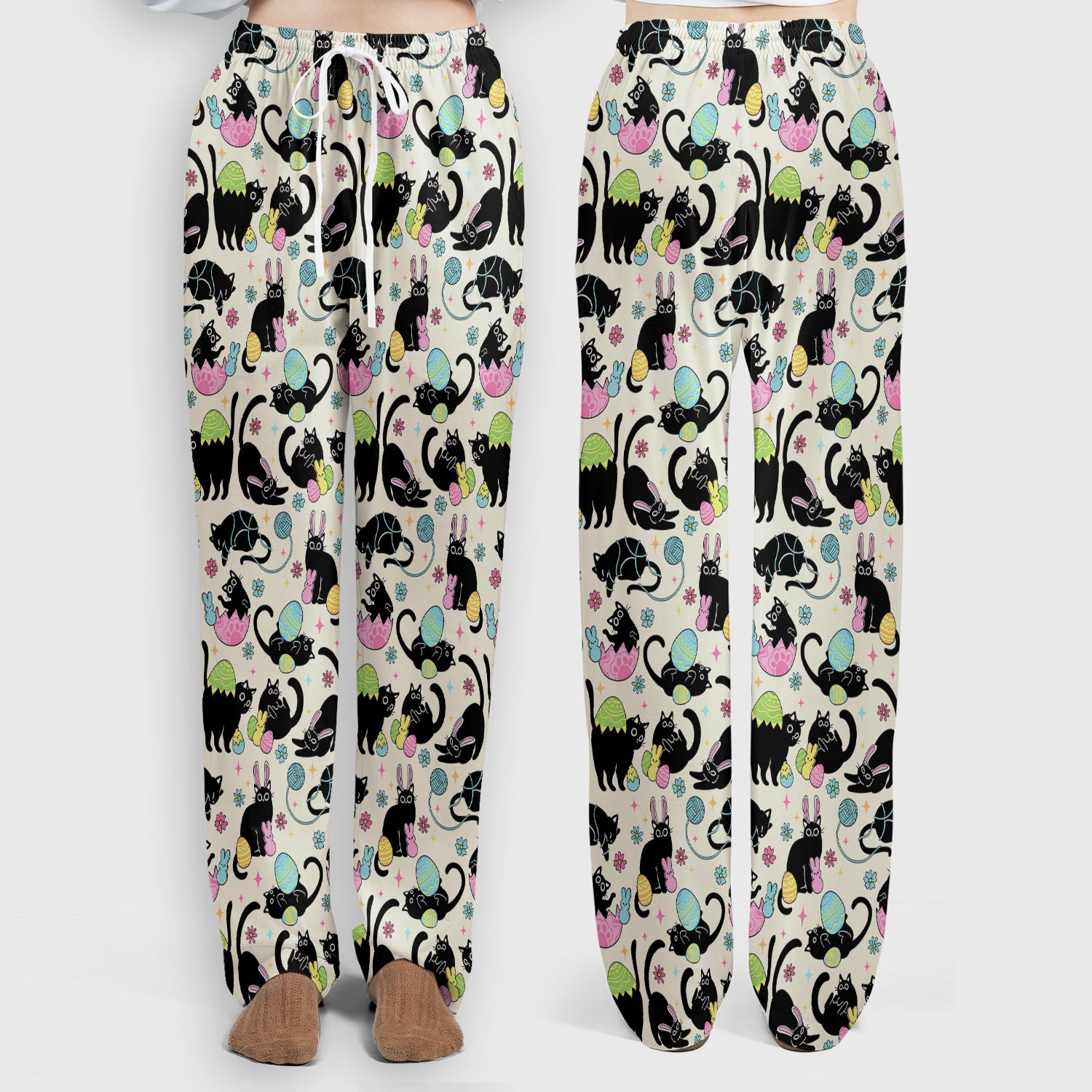 Funny Easter Black Cat Egg Pattern Scrub Set, Scrub Pants and V Neck Top