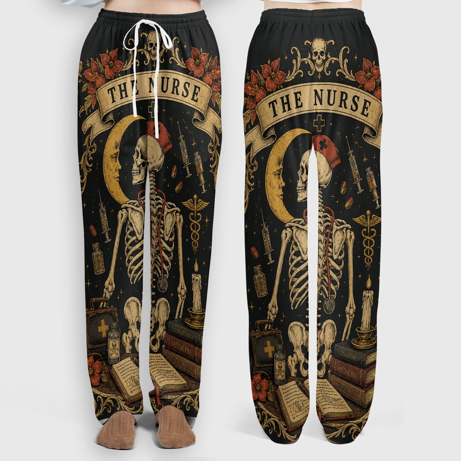 Breast Cancer Skeleton Nurse Scrub Set, Scrub Pants and V Neck Top