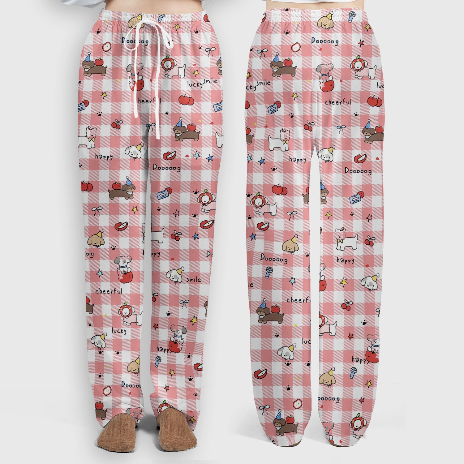 Cute Nurse Cartoon Puppy Apple Gingham Scrub Top, Breathable Fabrics Nursing Uniform