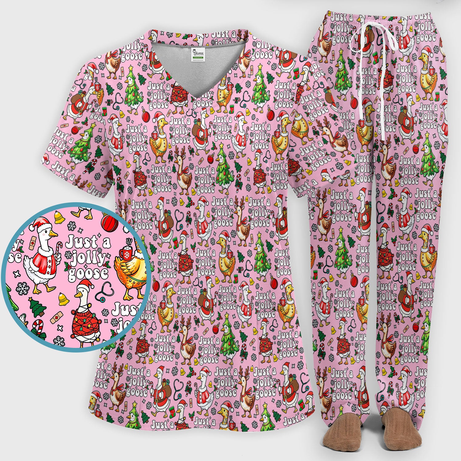 Christmas Goose Scrub Set for Nurse - Funny Jolly Holiday Medical Uniform for Women